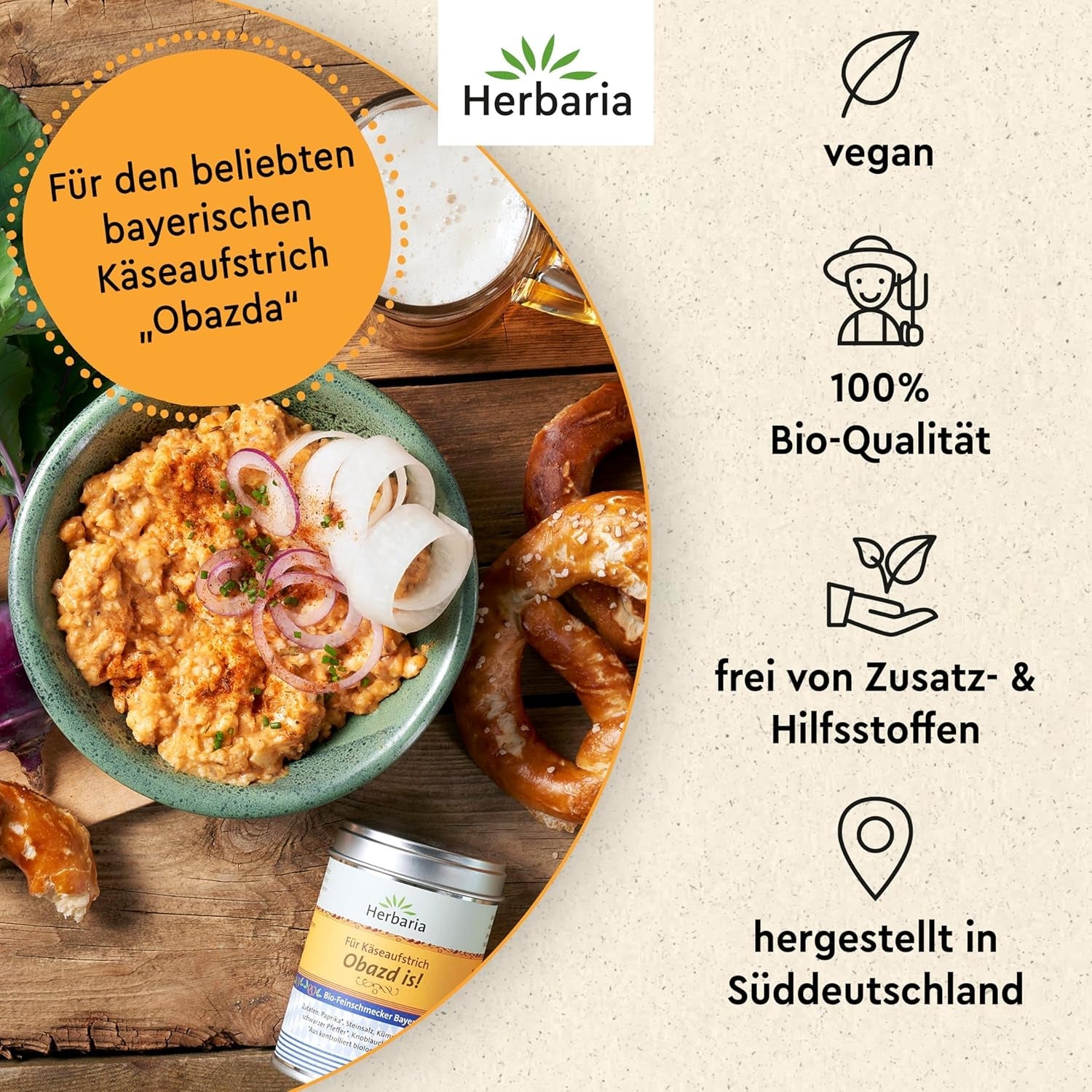 Herbaria Obazd är! bio 90g M-Dose – Bio-Gewürzmischung bayerischen Biergartenklassiker Obazda – för Brotaufstriche, Käsegerichte, Käsefondue – Raclette Gewürz - i nachhaltiger Aromaschutz-Dose