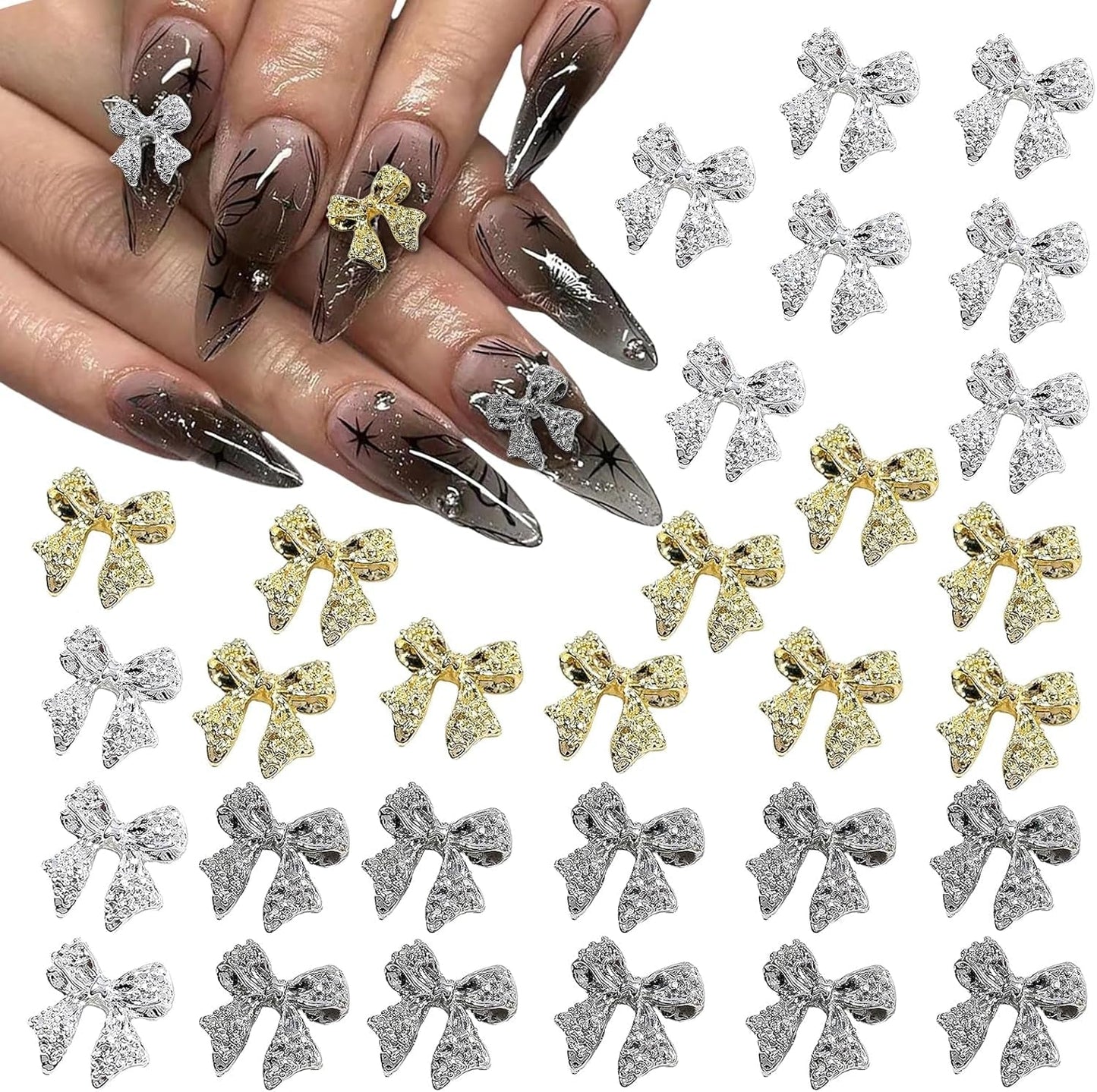 30st Nagelbågar i metall, Guld Silver Gråa rosetter, Nageltillbehör, Nageldekorationer för kvinnor och flickor, Nail Art Design