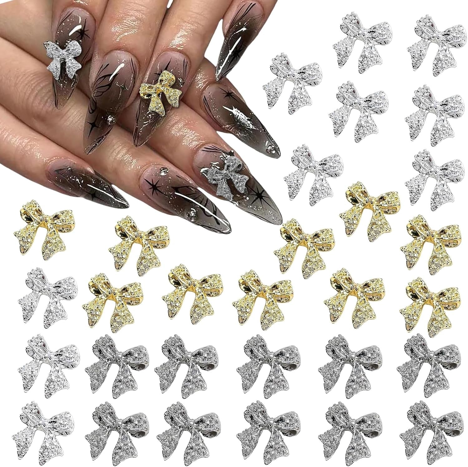 30st Nagelbågar i metall, Guld Silver Gråa rosetter, Nageltillbehör, Nageldekorationer för kvinnor och flickor, Nail Art Design