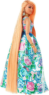 Barbie extra snygg, kurvigt långt jordgubbsblont hår, tvådelad kostym, blå katt, rosa väska, ananassolglasögon inklusive docka, lämplig som present, Hhn14 Naty Shop Dolls