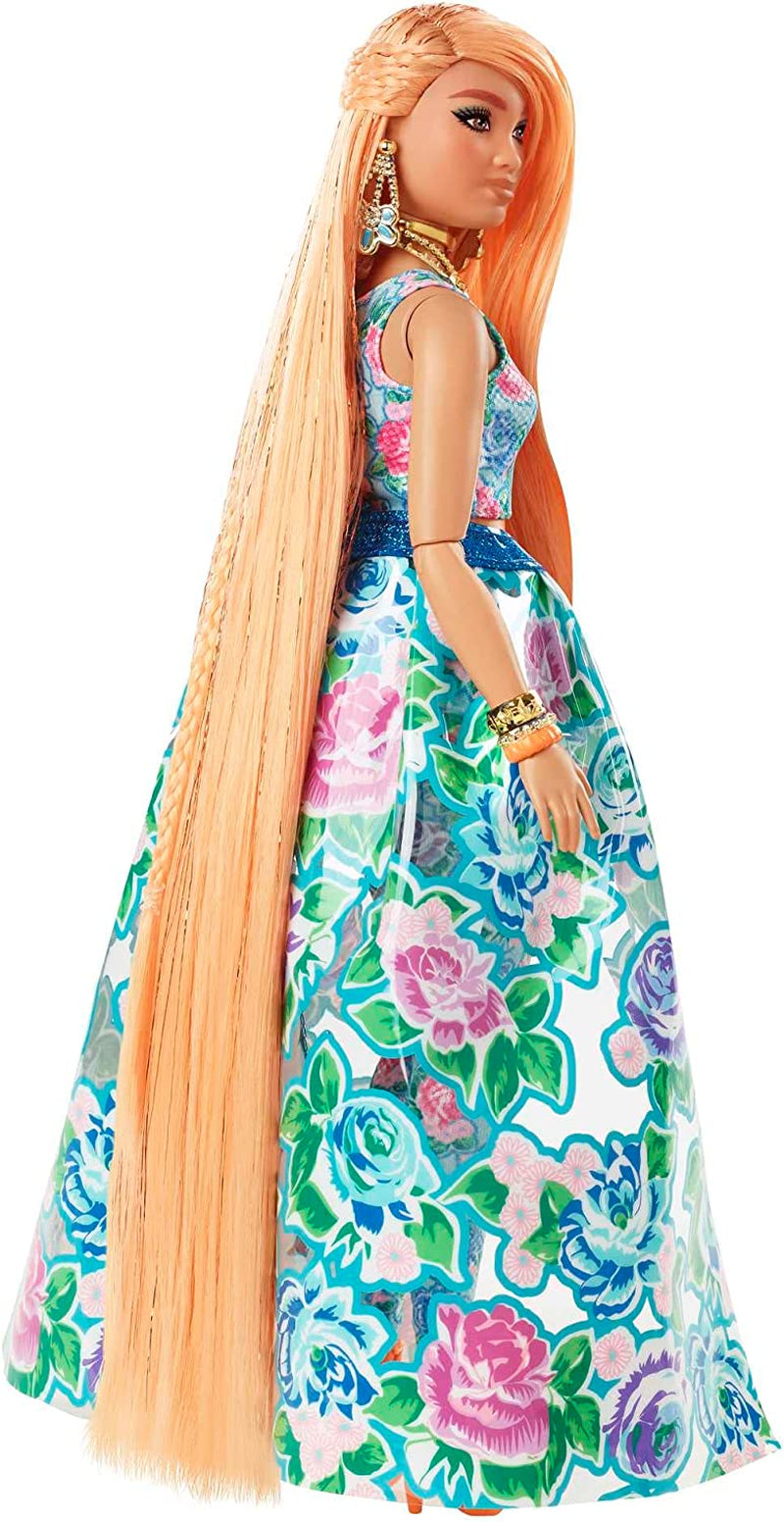 Barbie extra snygg, kurvigt långt jordgubbsblont hår, tvådelad kostym, blå katt, rosa väska, ananassolglasögon inklusive docka, lämplig som present, Hhn14 Naty Shop Dolls