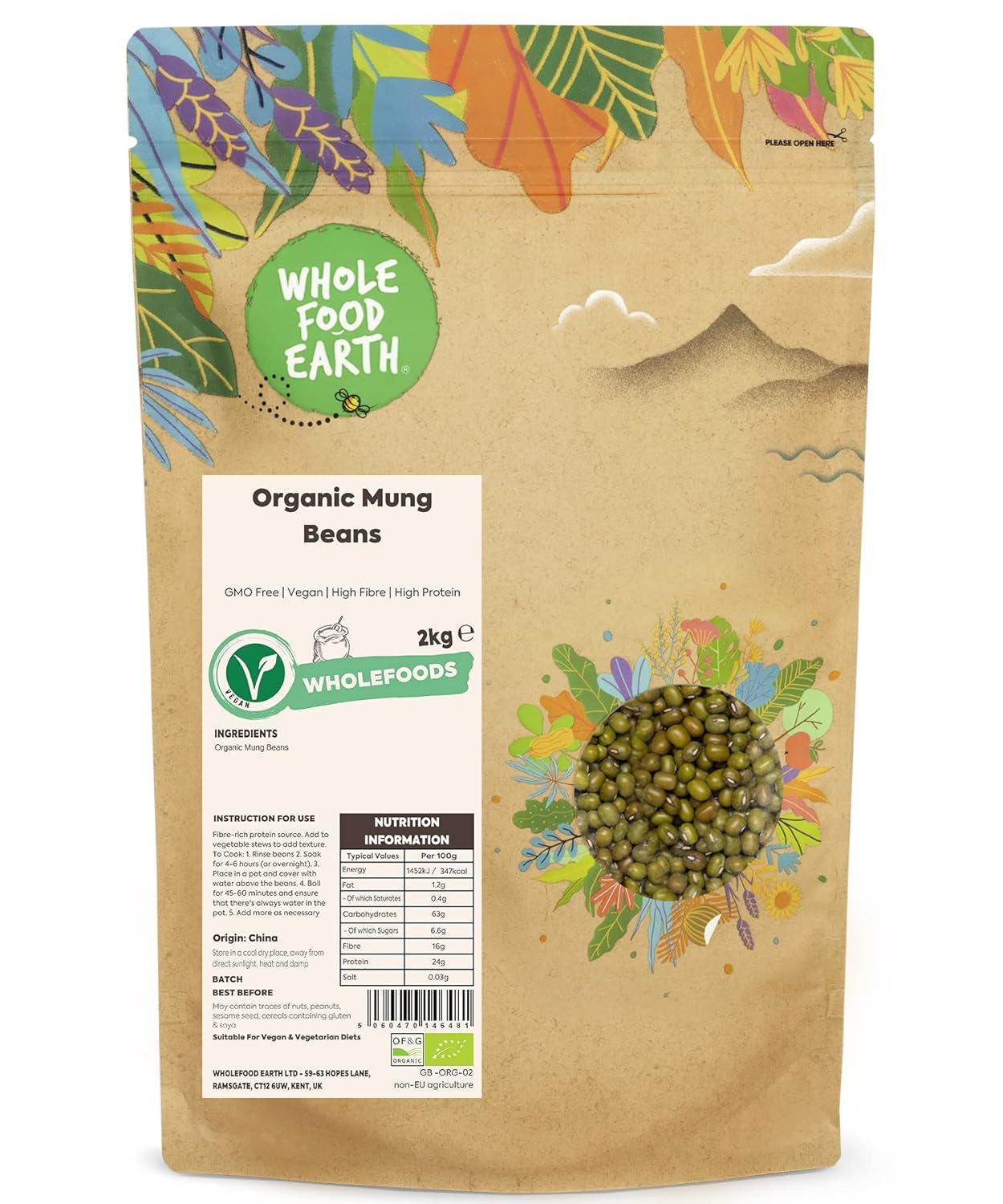 Wholefood Earth Organic Mung Beans 2kg | Icke-GMO | Vegan | Rik på fibrer | Rik på protein | Certifierad ekologisk