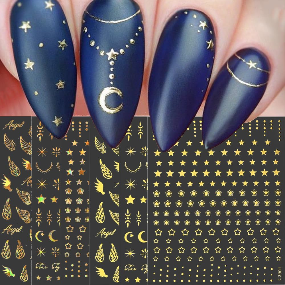 guldstjärna och måne nagelklistermärken, änglavingar, bruna guld nagelklistermärken, stjärnor, nagelfolie, nagelklistermärken, tillbehör till nageldesign, nagelklistermärken