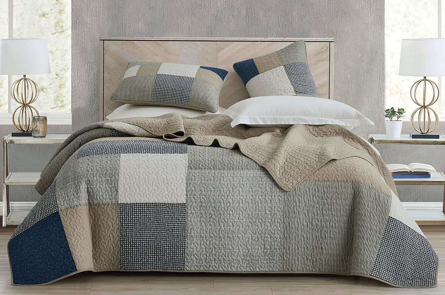 Chezmoi Collection Addy Patchwork Quilt Set Förtvättad bomull Lätt Vändbar All Seasons Oversized 3 delar Marinblå Vit Grå Taupe Pläd Quilts & Quilts Naty Shop