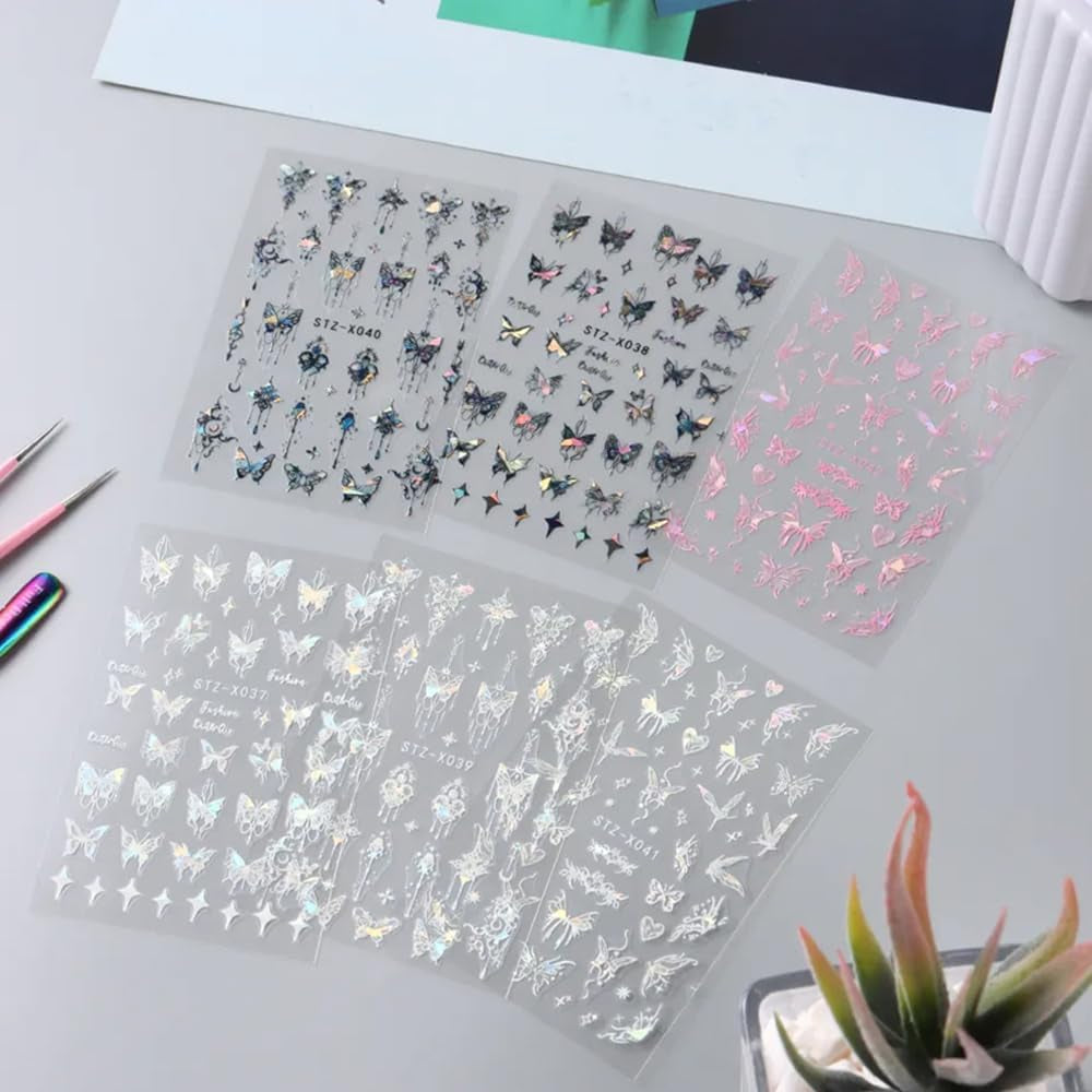 3D Metallic Schwarz Schmetterling Nagelsticker - Laser Pink Aurora Nagelaufkleber - Punk Butterfly Nail Art Stickers - Silver Nagelsticker - Nageldesign Zubehör