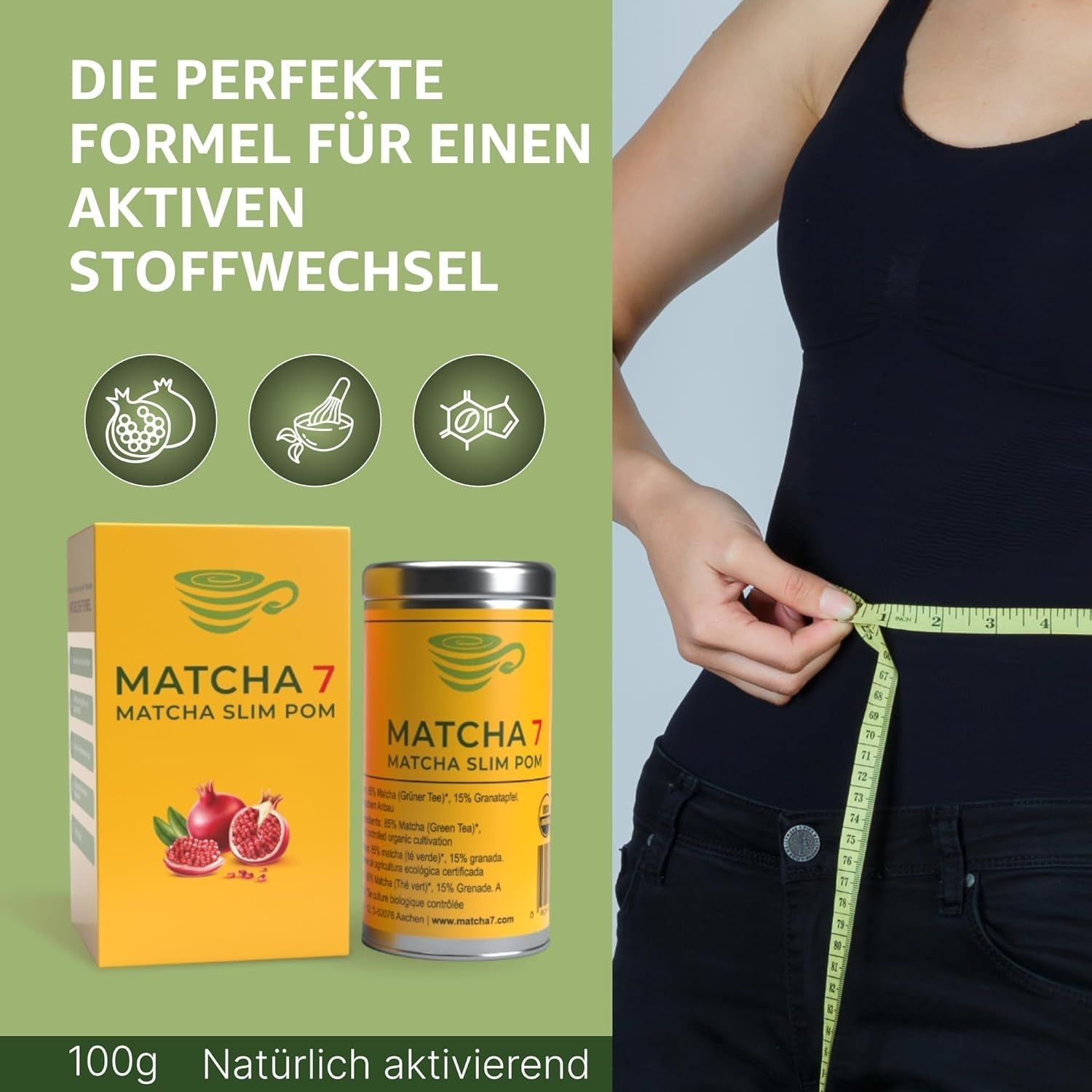 ® Ceremonial Matcha Powder X Granatäpple 100G [Stödjer viktminskning och ämnesomsättning] - Grönt te för en aktiv och hälsosam livsstil - Grönt te utan tillsatser (rent och naturligt)