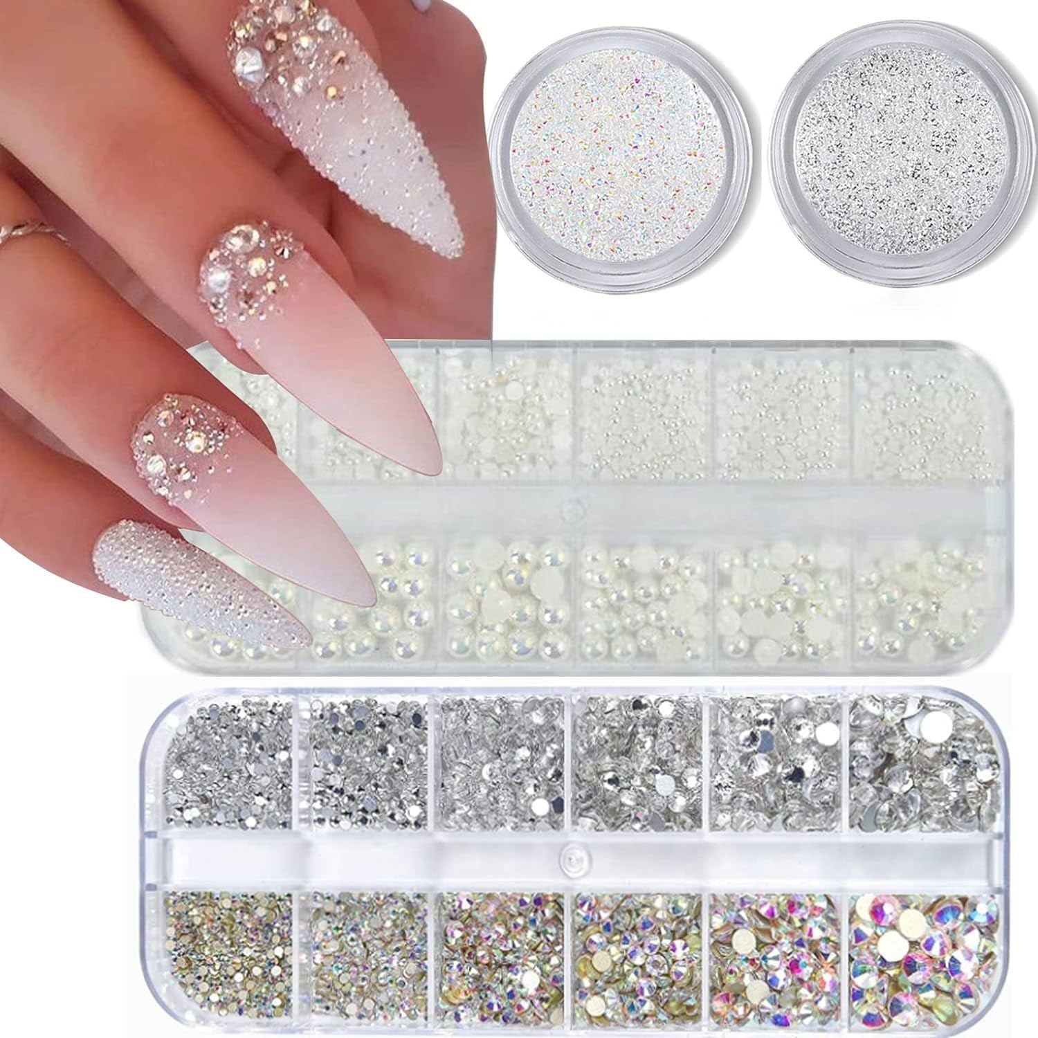 GZMAYUEN Nail Art Perlen Micro Caviar Für Nägel, 0,3-3Mm Goldene Silber Mini Caviar Strasssteine, Weiß Beige Mini Nägel Perlen Mikroperlen Dekor Für Nägel