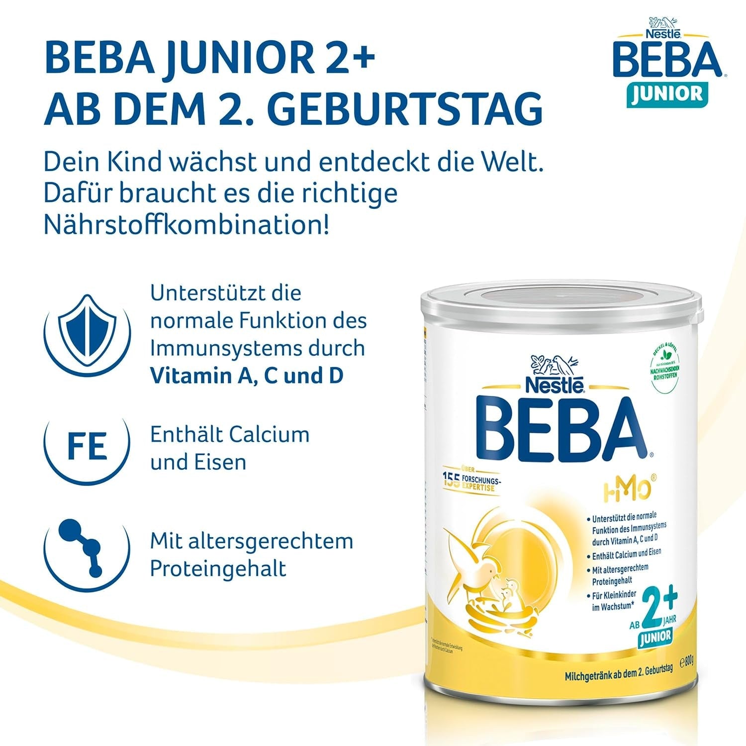 BEBA Junior 2+ mjölkdryck från 2 år, med HMO, åldersanpassat proteininnehåll, endast laktos, ingen palmolja, ingen fiskolja, småbarnsmat, babymjölkpulver, 6 st (6 x 800 g)