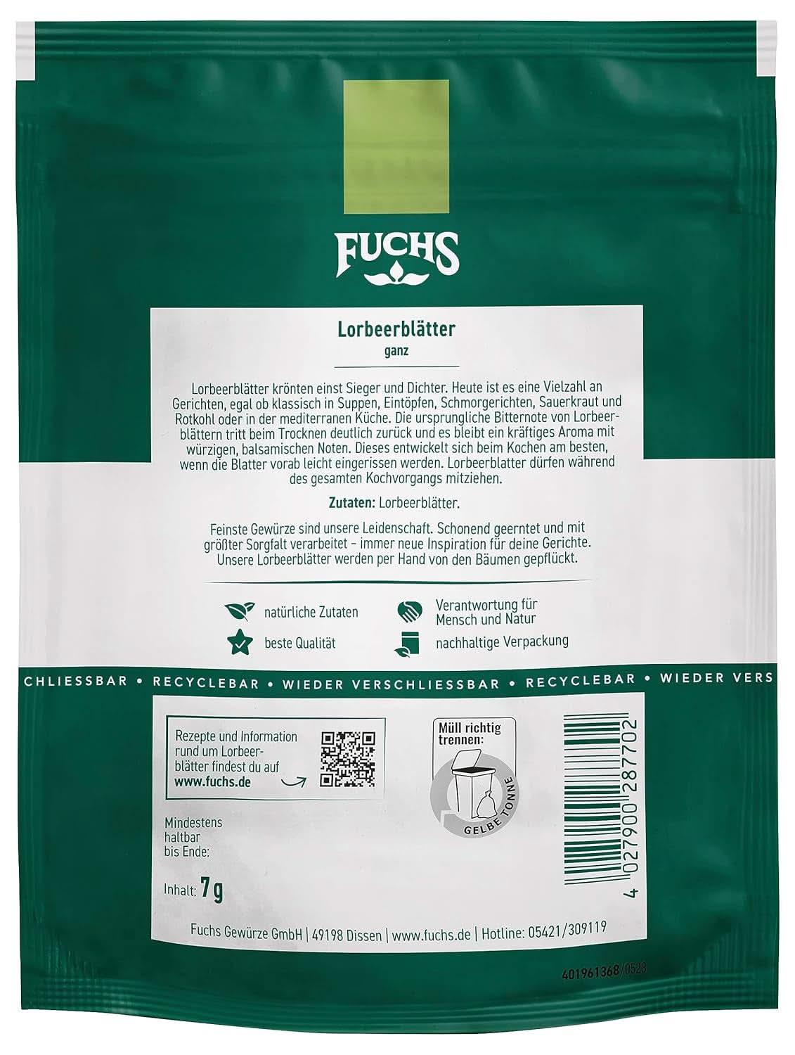 Fuchs - Lagerblad i en återförslutningsbar, återvinningsbar påse - gjord av naturliga ingredienser - 7 gram Condiments Naty Shop