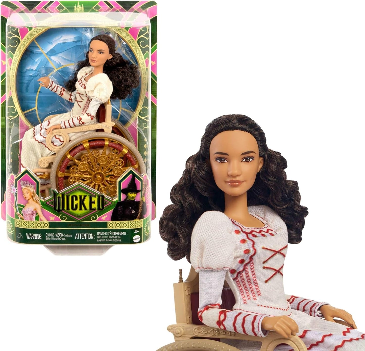 Mattel Wicked Nessarose modedocka och tillbehör, inklusive rullstol, med lockigt brunt hår, olika poser och avtagbar balklänning, HXY36