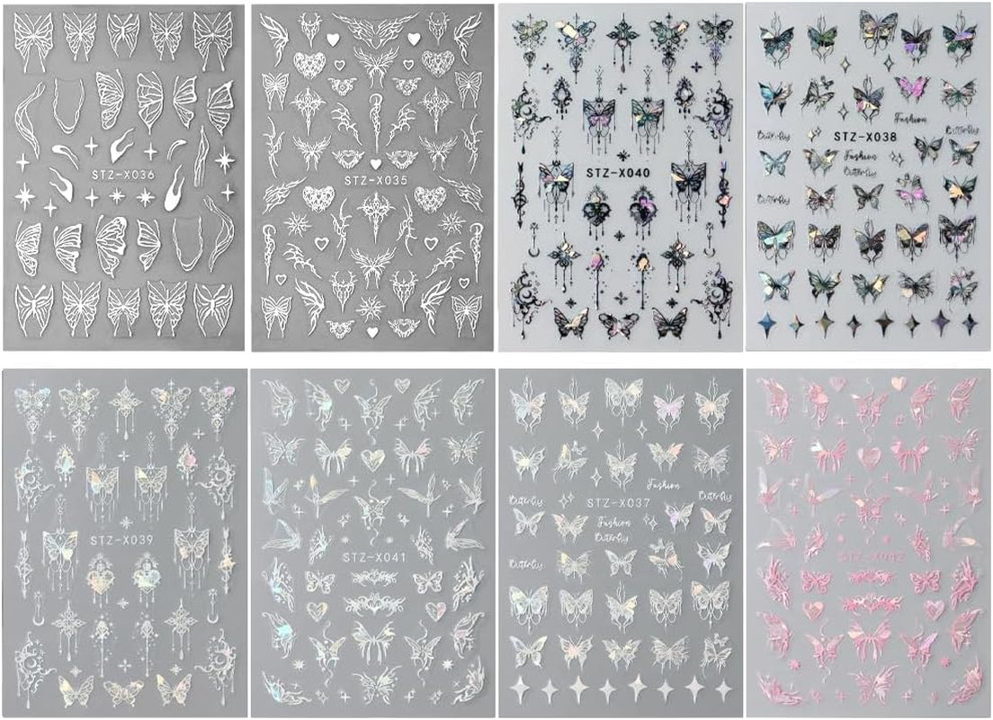 3D Metallic Schwarz Schmetterling Nagelsticker - Laser Pink Aurora Nagelaufkleber - Punk Butterfly Nail Art Stickers - Silver Nagelsticker - Nageldesign Zubehör