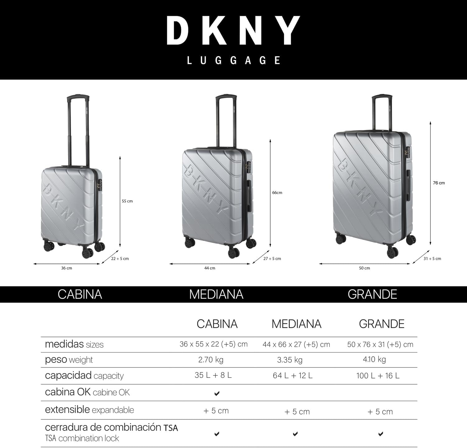DKNY - Stor 4-hjuls resväska Stor lätt resväska - Stor reseväska med hjul. Stor resväska för flygplan Resväska med hårt skal med certifierad stängning - Stor trollresväska Silver Bagage & reseutrustning Naty Shop