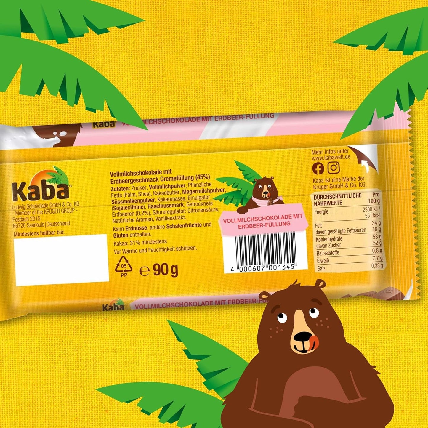 Kaba mjölkchoklad med jordgubbsgrädde, fylld chokladkaka, 90 g bar, smält-i-munnen choklad med jordgubbsfruktig grädde och Kaba originalsmak (förpackning med 2)