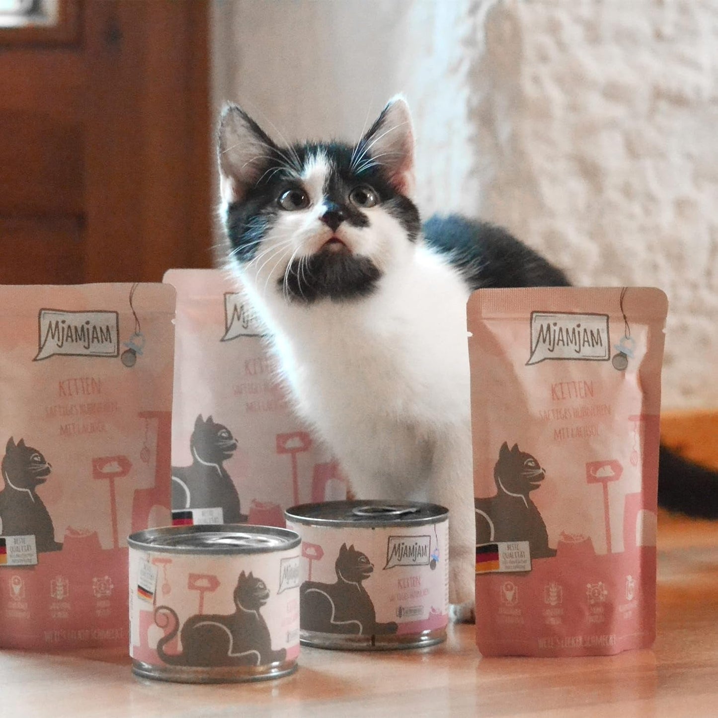 MjAMjAM - Premium Wet Cat Food - Kitten Box - 3x Lax Oil Chicken och 3x Lax Oil Kalvkött, Matpåse, Penna, Box Lock, Pack om 6 (6 x 200g)