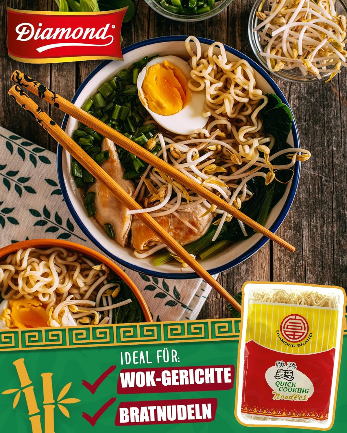 DIAMOND Instant Eggless Nudlar, Instant Vetemjöl Wok Nudlar & Tillbehör - 4 x 500 g
