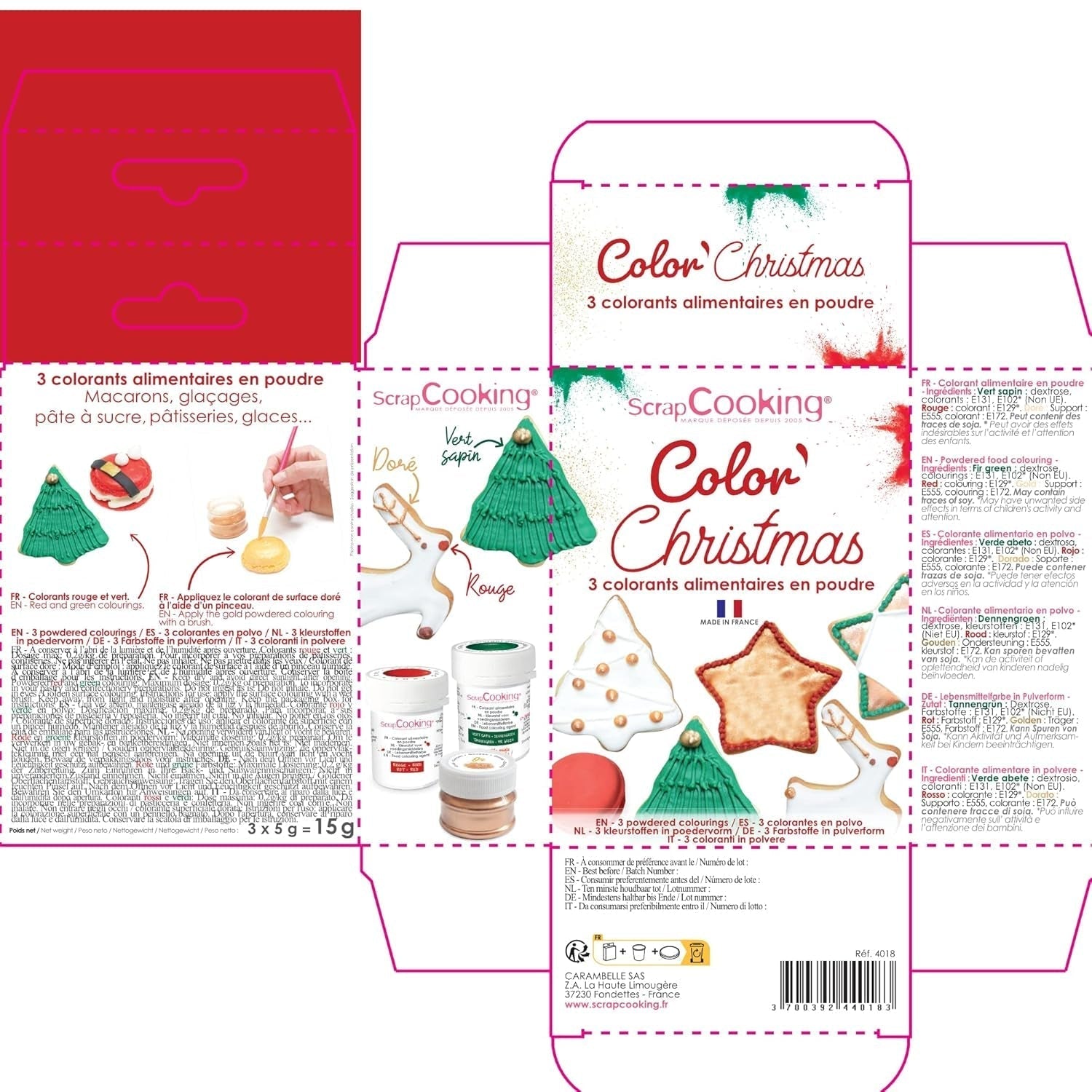 Scrapcooking - Set med 3 pulveriserad julmatfärgning - röd, grön, guld - ätbar matfärg för bakning, kakor, kakor, bakverk, deg, fondant - juldekorationer - 4018