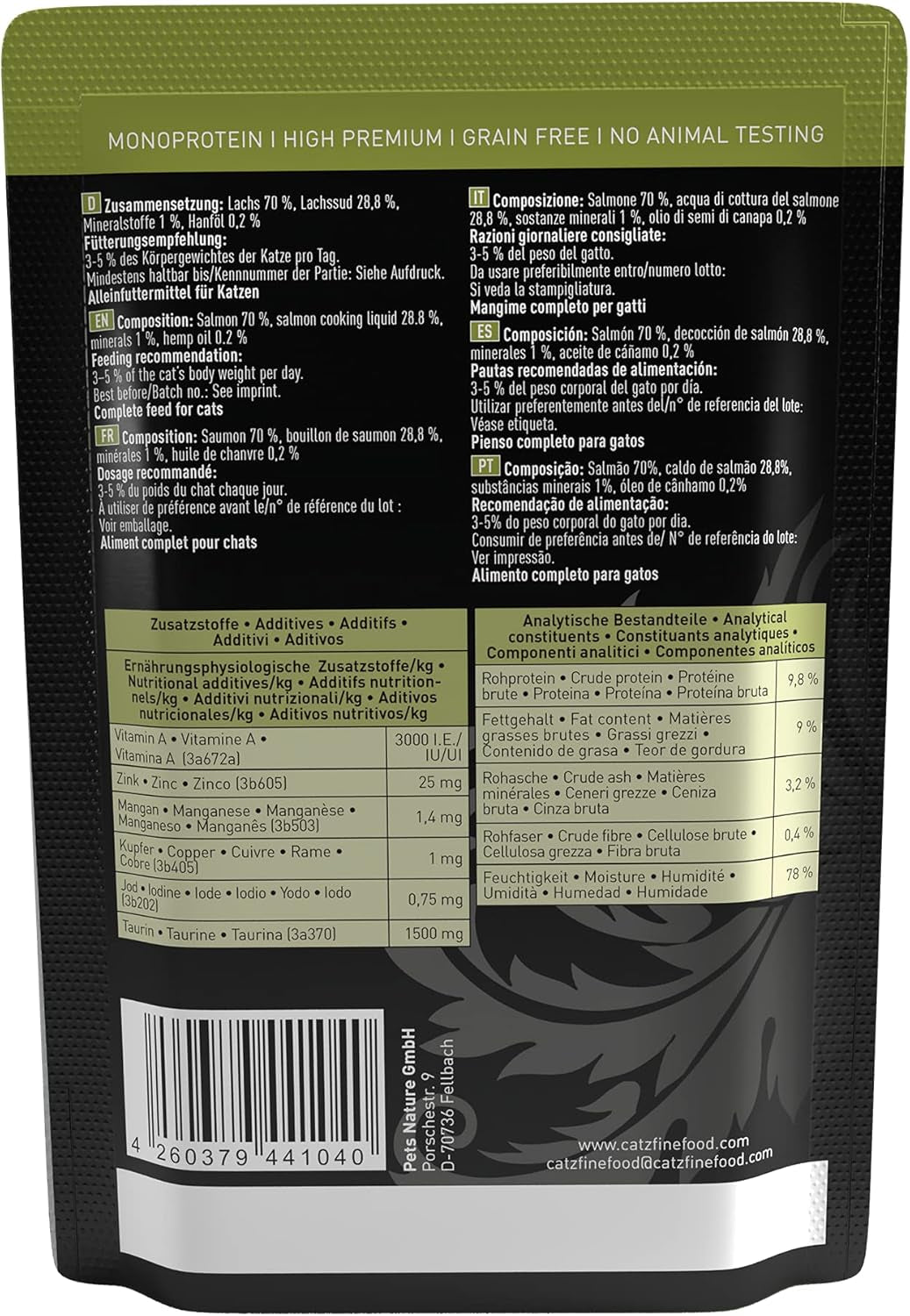 Våt kattmat Catz Finefood Purrrr med monoprotein och lax nr. 105, för katter med känslig matsmältning, 16 x 80 g