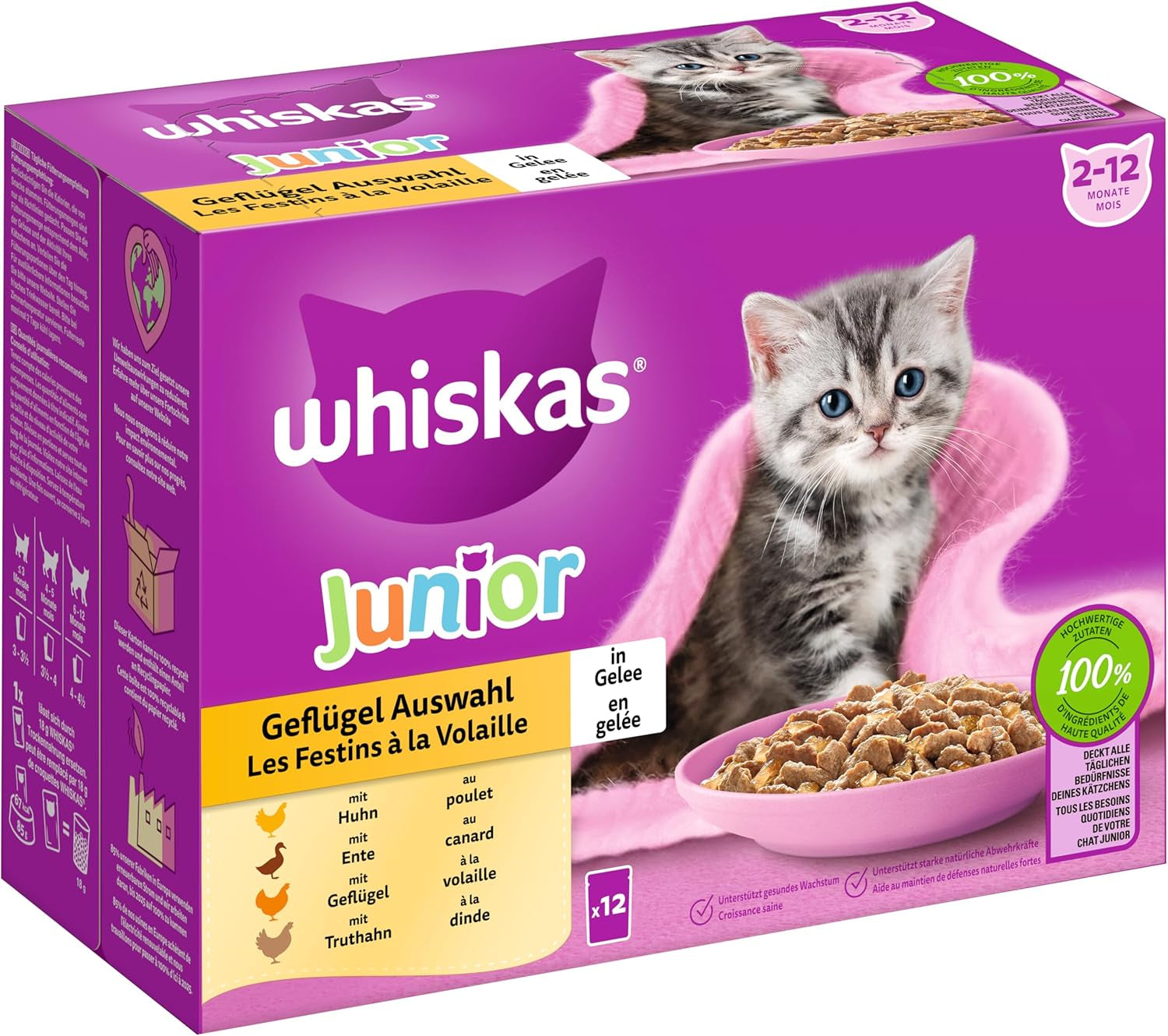 WHISKAS Junior våtfoderpåsar, multipack, urval av fjäderfäkött i gelé, 12 x 85g