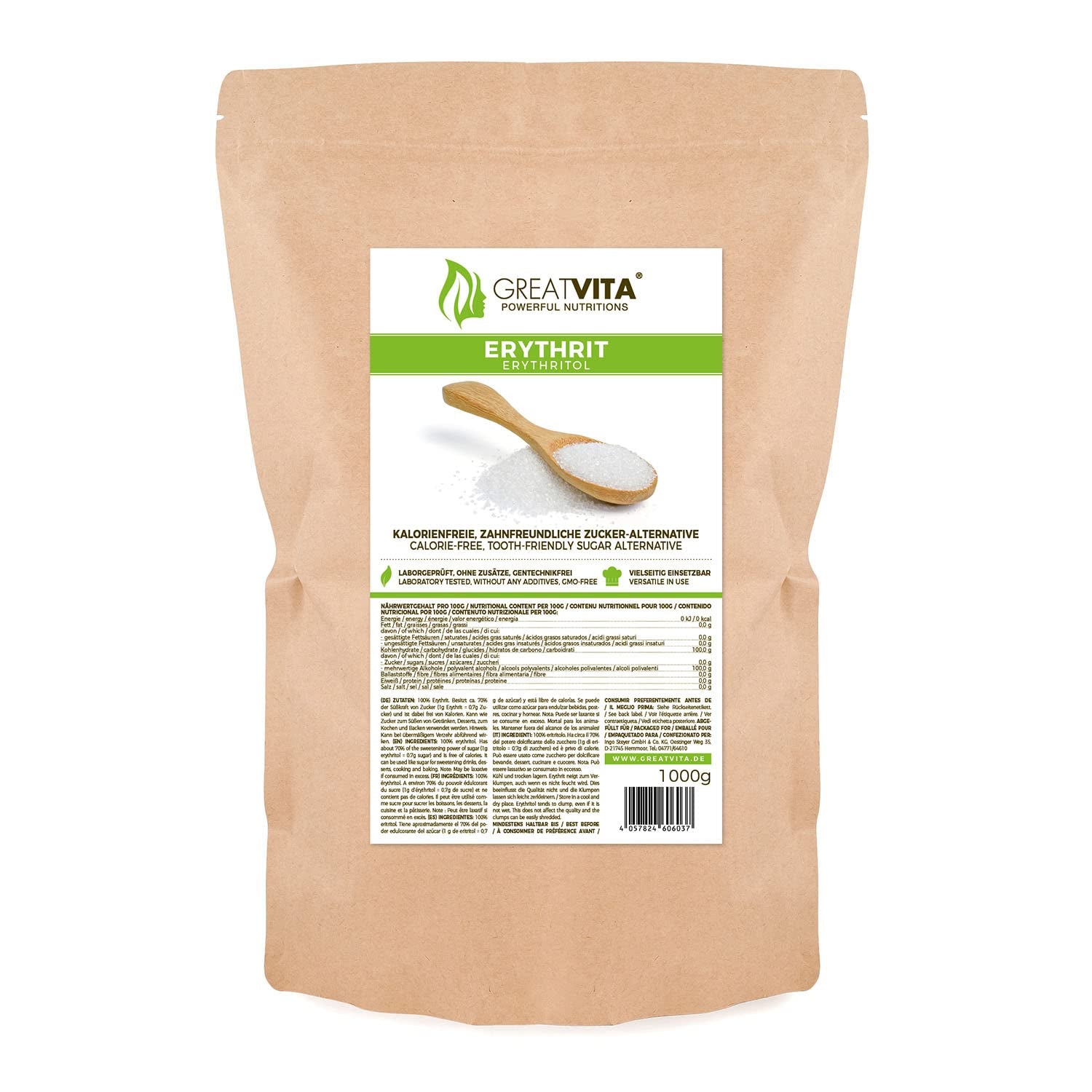 Greatvita Erythritol 1000 G | Kalorienfreie Süßungsmittel & Zucker-Alternative | Zahnfreundlich, Gut Löslich & Glutenfrei | Ideal Für Getränke, Desserter & Backen Sweeteners Naty Shop 1 Kg (1Er Pack)