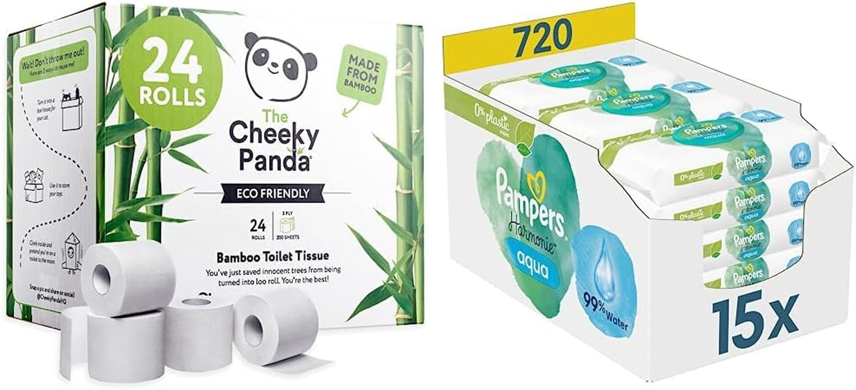 Handla Bulk Cheeky Panda Bamboo Toalettrullar och Pampers Harmony Aqua Baby våtservetter Box, 720 våtservetter (15 x 48), skonsamt hudskydd med 99 % vatten