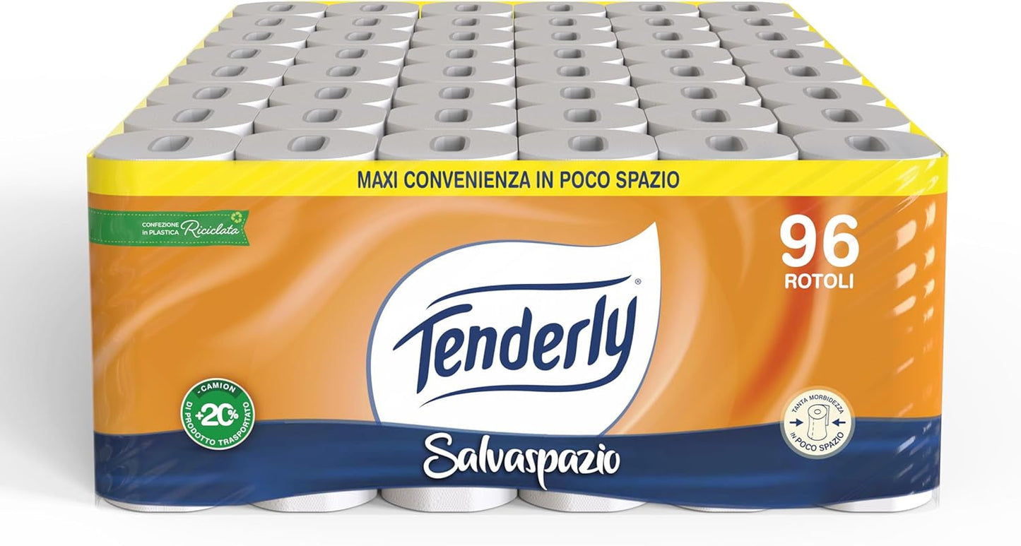 Platsbesparande, 96 rullar toalettpapper, 2 lager, 220 revor per rulle, Med naturliga extrakt av malva och ringblomma, Tillverkad i Italien, Dermatologiskt testad.