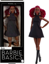 Barbie Basics Model 3 samlardocka med röda lockar, svart miniklänning och stövlar, en storlek passar alla mode, stor ledad kropp och utbytbart huvud, JBH75