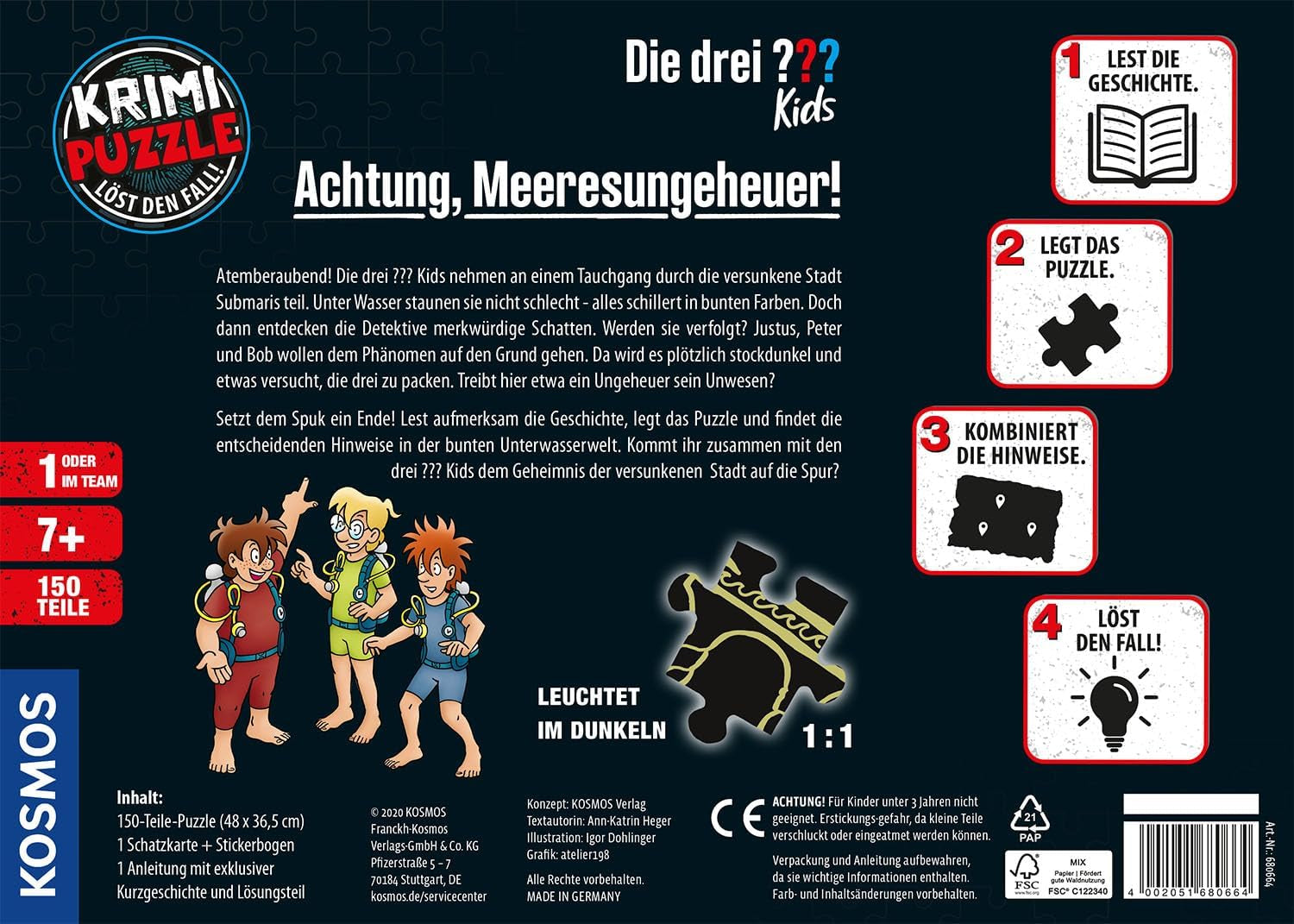 Die Drei ??? Barn - Brottspussel - Uppmärksamhet, sjömonster Från KOSMOS 680664, 150 bitar, Glow in the dark, Läsning, pussel, pussellösning, detektivpussel för barn från 7 år Pussel Naty Shop