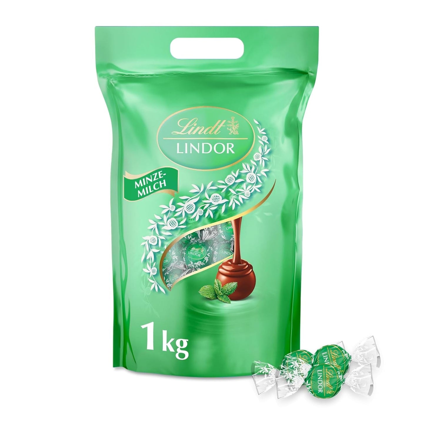 Lindt LINDOR Choklad med pistage | 1 kg återförslutningsbar påse | ca. 80 Mjölkchokladbollar med Smält-i-munnen pistagegräddefyllning | Bulkpaket, pralinpresent