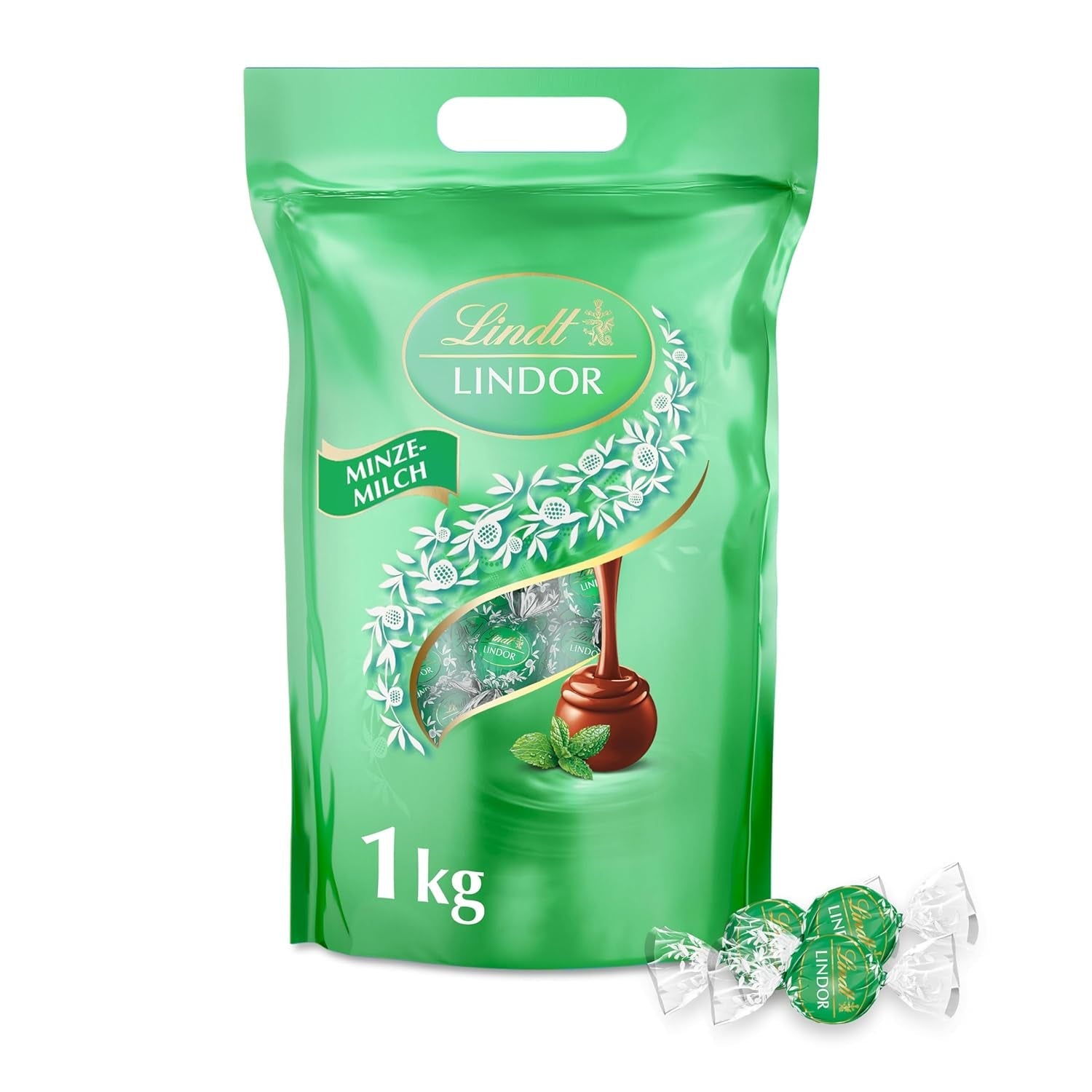 Lindt LINDOR Choklad med pistage | 1 kg återförslutningsbar påse | ca. 80 Mjölkchokladbollar med Smält-i-munnen pistagegräddefyllning | Bulkpaket, pralinpresent