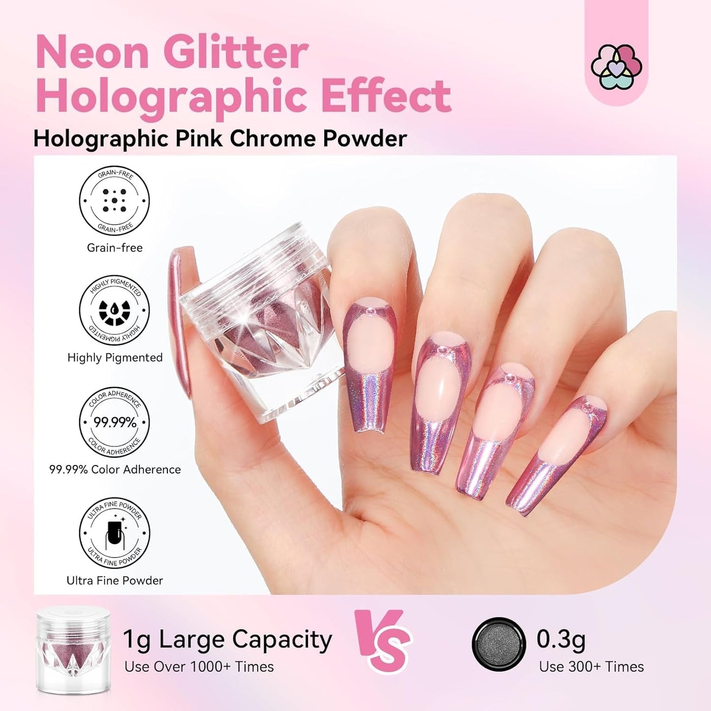 Saviland Chrome Nail Powder Set - Pink Laser Chrome Nail Powder Mirror Effect Laser Nail Art, Nail Glitter Manikyr Dekorativt pulver med svamppinnar, Nail Glitter Powder Nagelsalong