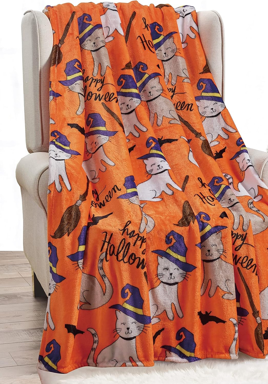 Elegant Comfort Halloween Theme Lätt filt, mjuk, mysig och plysch, perfekt för att koppla av denna kusliga säsong, 127 X 152,4 cm, Skull and Bones sängar och överdrag Elegant Comfort Halloween Cats 50 X 60