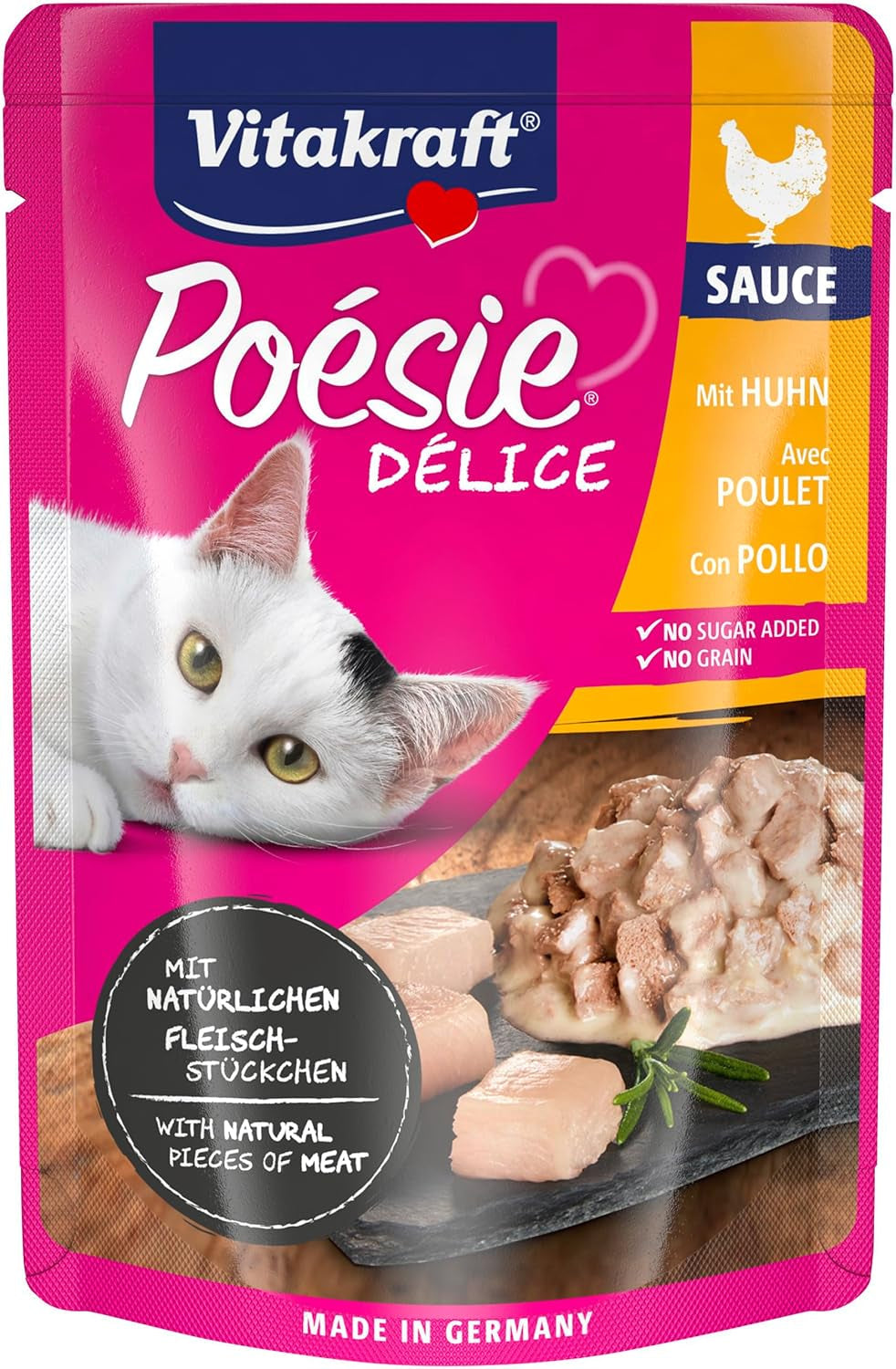 Vitakraft Poésie Délice, Nassfutter Katze, Katzennassfutter i sås, med kyckling, Vorratspackung, ohne Zusatz von Zucker och Getreide (23x 85g)