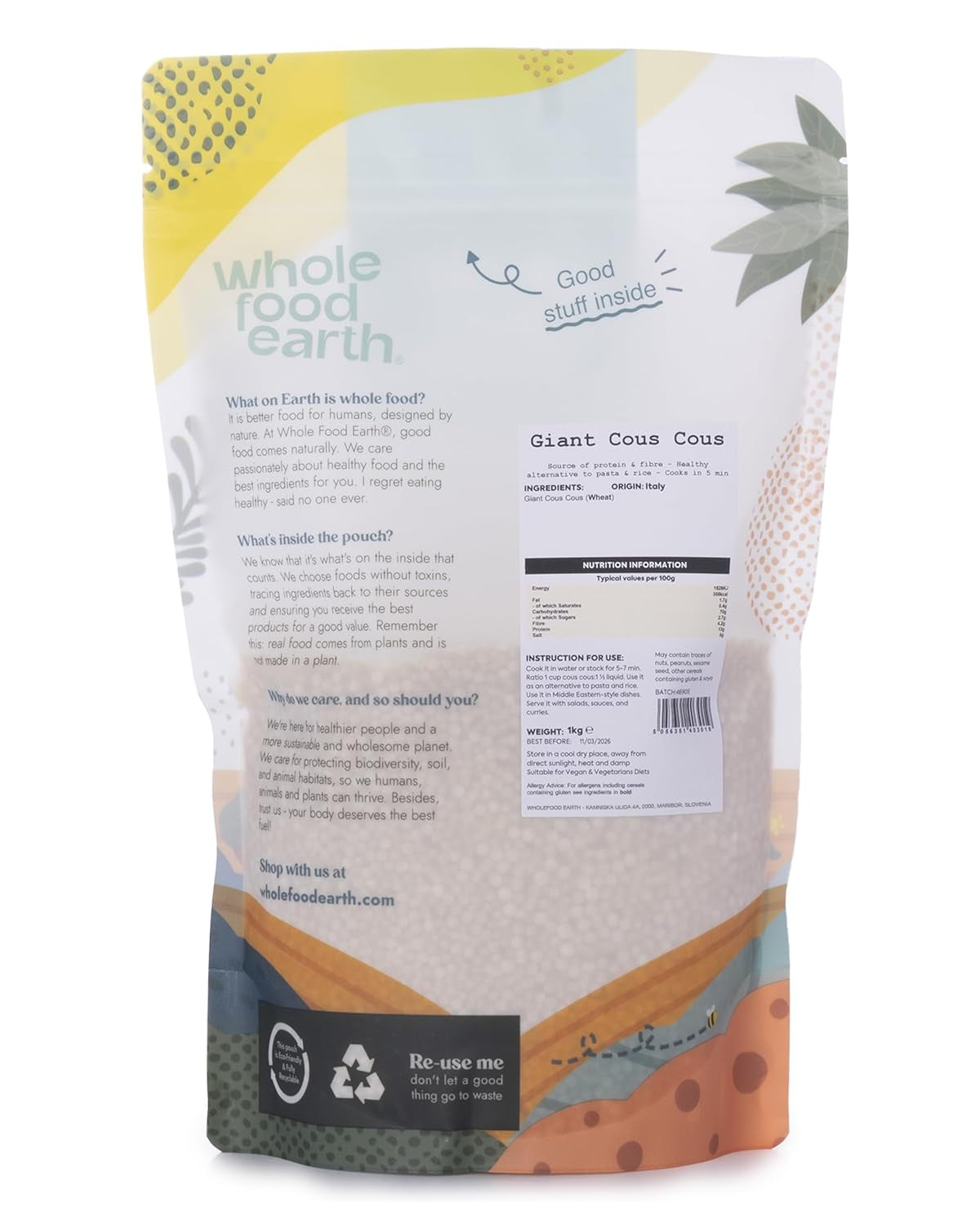 Wholefood Jord jätte couscous 1kg | Icke-GMO | Naturligt | Källa till fiber