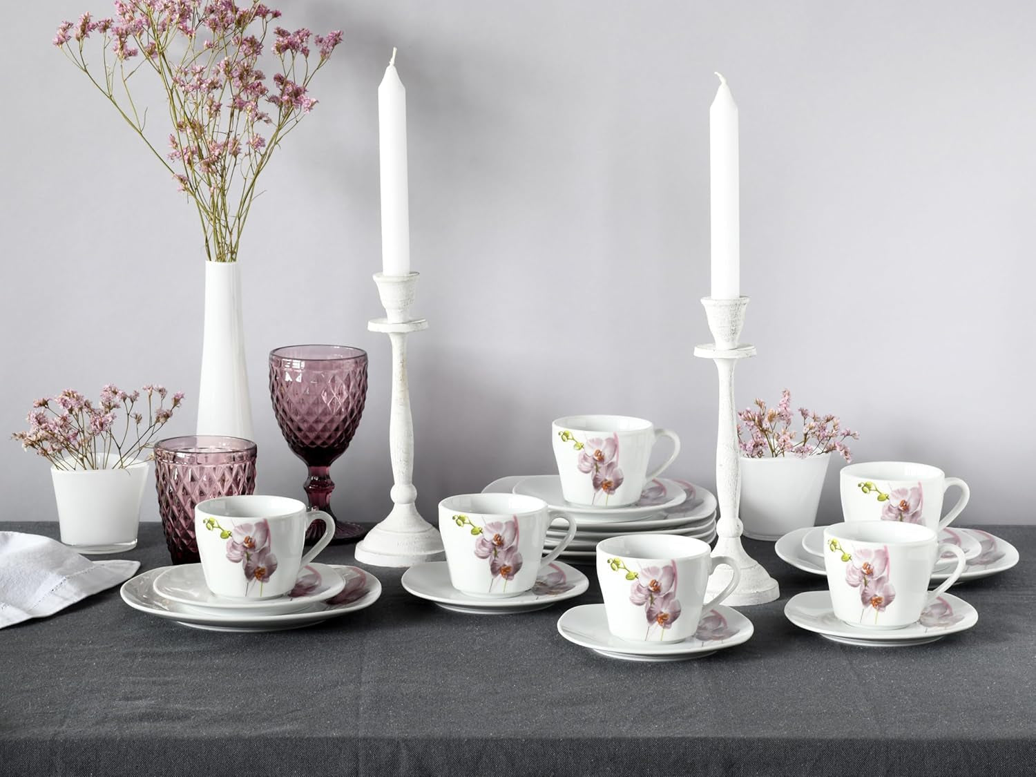 CreaTable, 24024, Square Orchid Series, 18-delat servisset för 6, porslinskaffe, diskmaskin och mikrovågssäker, kvalitetstillverkning