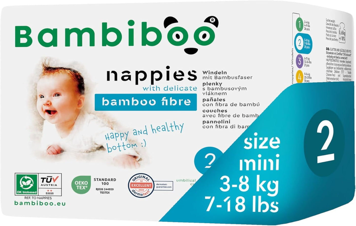 Bambiboo Mini engångsblöjor Hudvänliga med mjuk bambufiber navelsträngsöppning - Blöjor för nyfödda - Engångsblöjor för nyfödda - Hudskydd - Storlek 2, 25 st