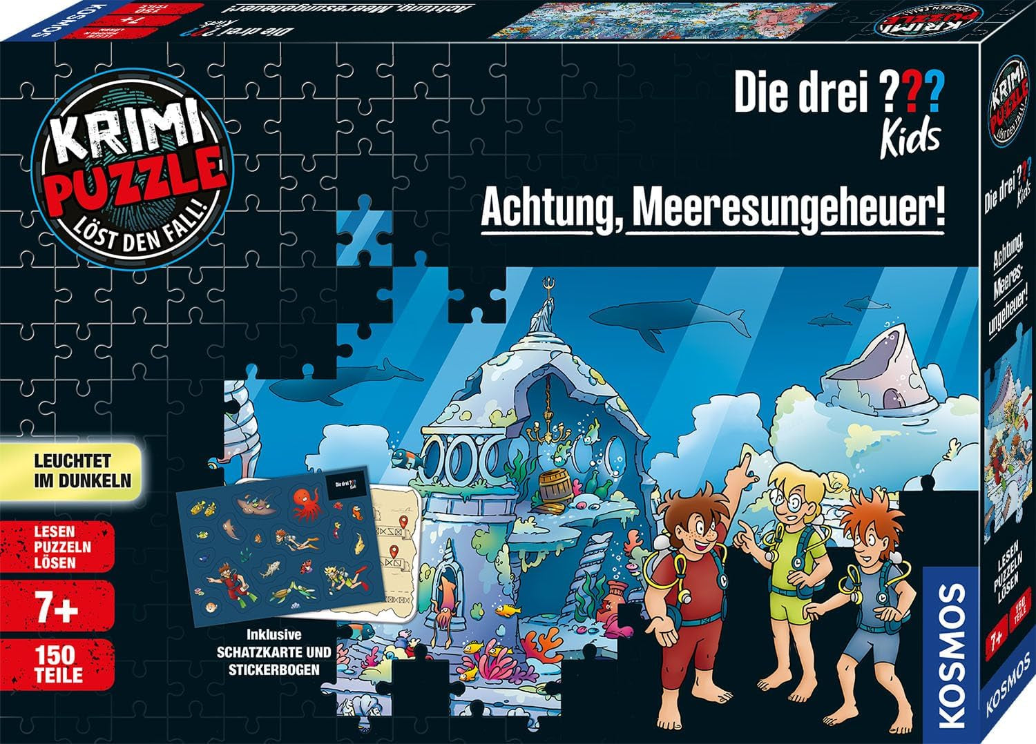Die Drei ??? Barn - Kriminalpussel - Se upp med havsmonster Från KOSMOS 680664, 150 bitar, Glow in the dark, Läsning, pussel, pussellösning, detektivpussel för barn från 7 år Pussel Naty Shop Standardtitel