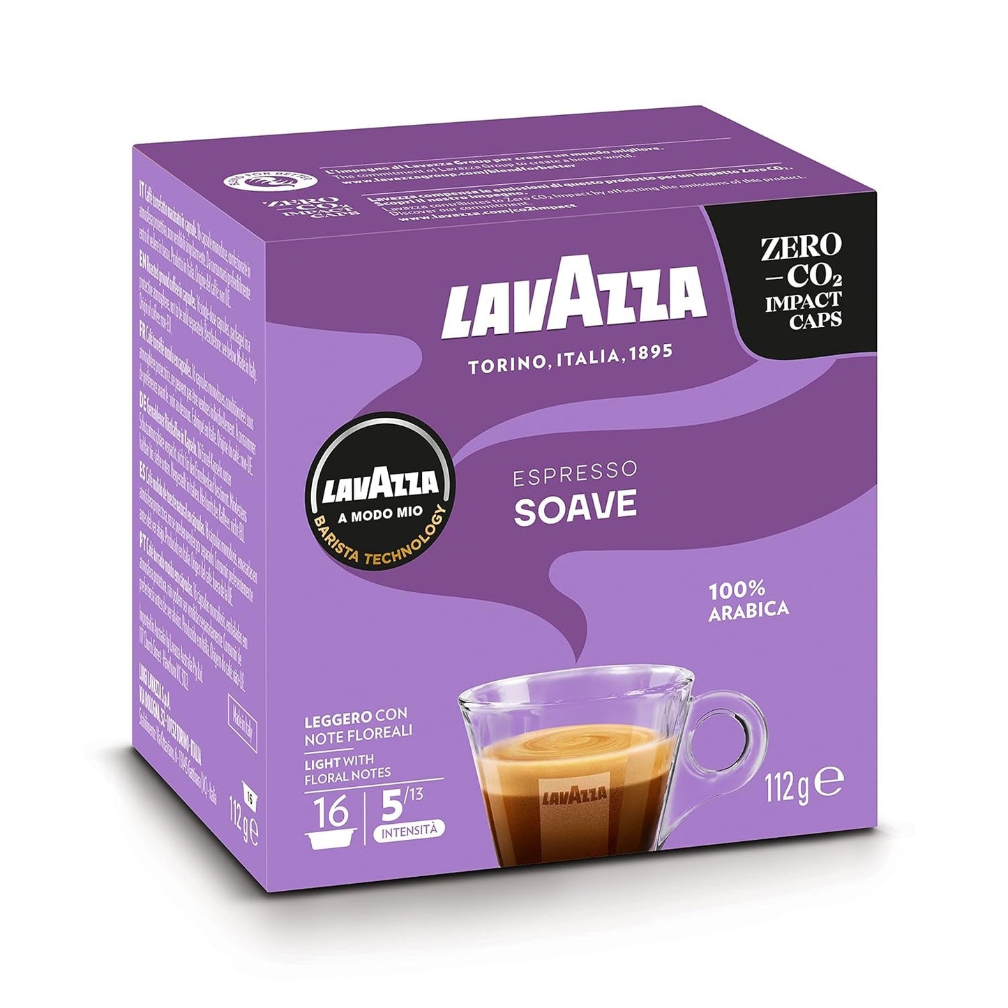 Lavazza, A Modo Mio Soave 256 Kaffeekapseln, für einen leichten och eleganten Espresso mit aromaticschen Noten von Blumen, 100% Arabica, Intensität 5/13, medium Röstung, 16 Packungen mit je 16