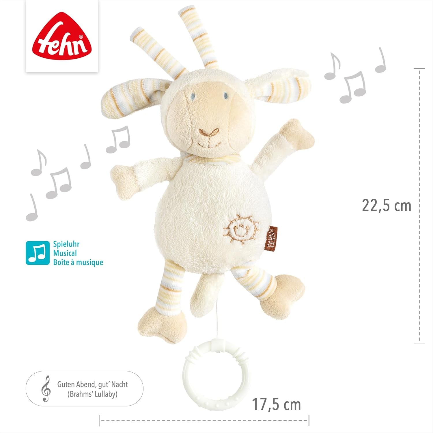 Fehn speldosa baby sömnhjälp får - plyschleksak med fäste - sömnhjälpslåt "Brahms vaggvisa" - barnleksak för resor och hem - musikleksaker för bebisar och barn Bebe Naty Shop Toys