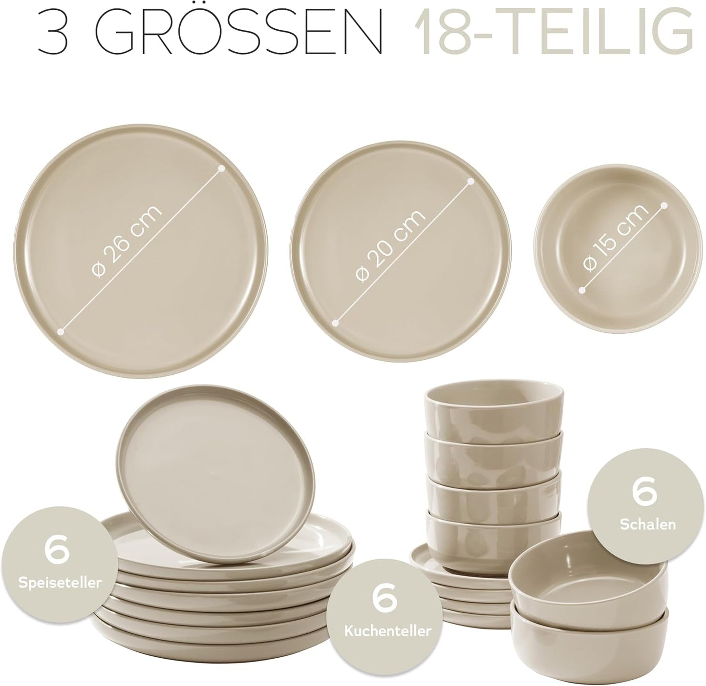 Porslinsservis för 6, 18 delar - starkare och reptålig än tallrikar och skålar i lergods, glansigt beige | Servisset innehåller 6 mattallrikar, 6 desserttallrikar och 6 skålar -