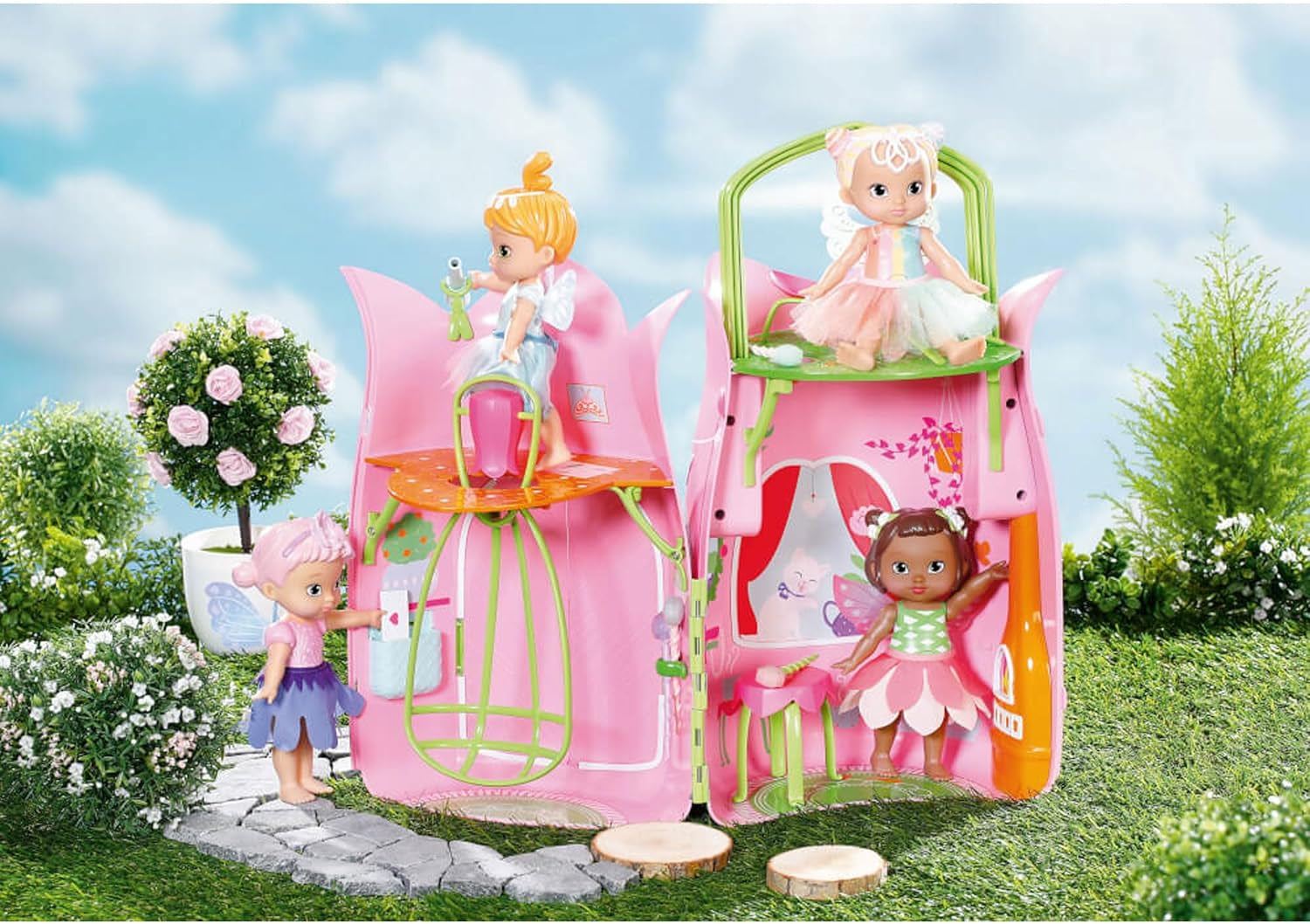 BABY Born Storybook Cottage, hopfällbart dockhus för 18 cm dockor med bord, öppen spis, schäslong och teleskop, rosa grön, 833803 Zapf Creation Dollhouses Naty Shop