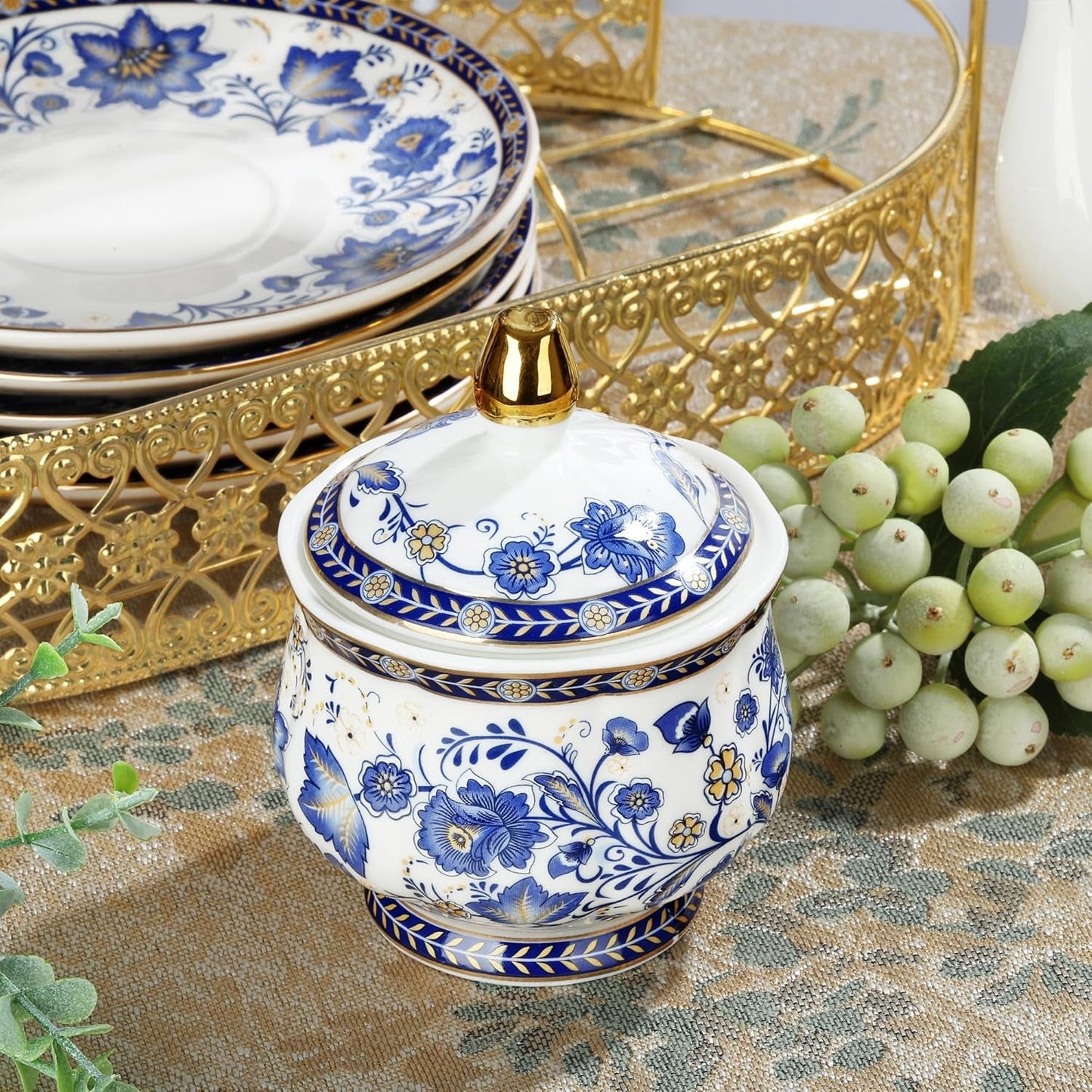 Fanquare Blue Flower Porslin teservis med metallställ Vintage porslin kaffekopp och fat Engelsk kaffeservis för vuxna