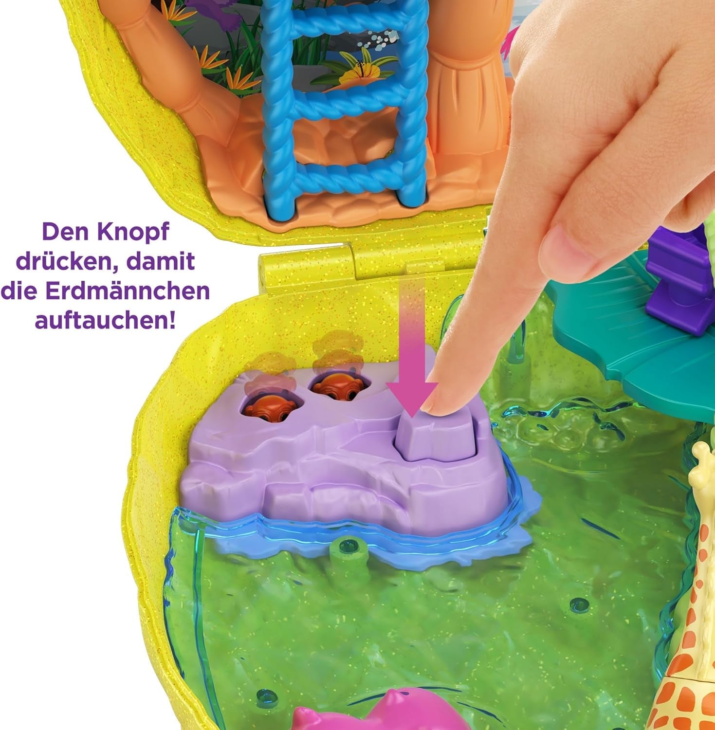 Polly Pocket GKJ64 - Portabel ananasficka Kompakt med 8 roliga funktioner, Polly och Lila dockor, 2 tillbehör och klistermärke; leksak för barn från 4 år och uppåt
