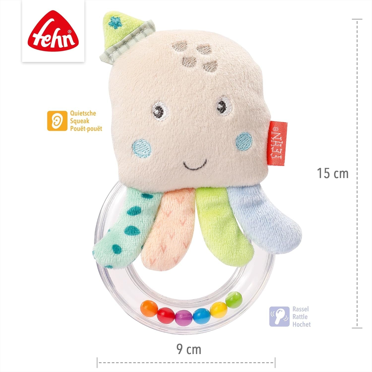 Fehn bläckfisk leksak ringklocka - skramla, gnissla, känna motorik leksak - plyschleksak för bebisar med mjukt tyg - leksak för bebisar och småbarn från 0+ månader Baby Toys Naty Shop