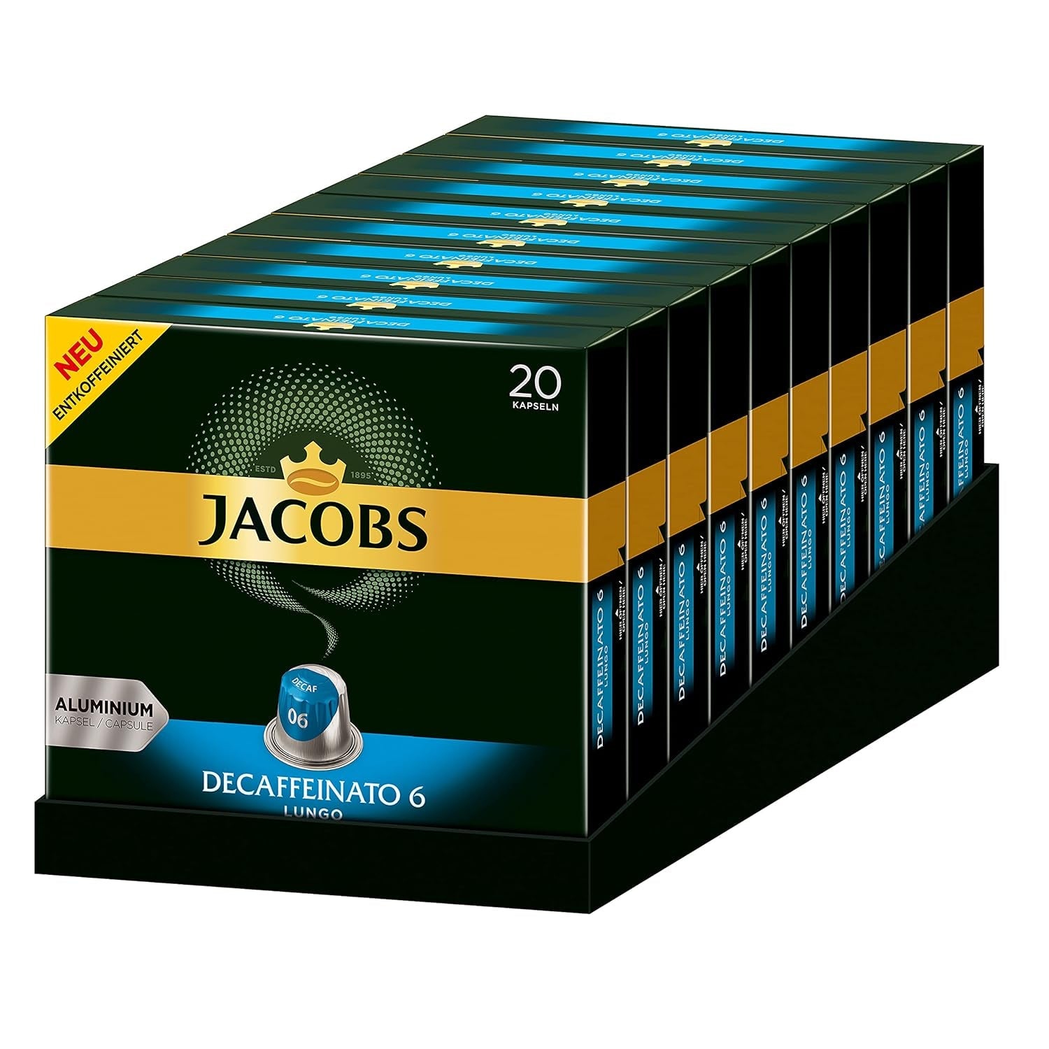 Jacobs Kaffeekapseln Lungo Decaffeinato- Intensität 6, 10er Pack, 10 x 20 Getränke & Kaffeekapseln Lungo Intenso, Intensität 8 av 12, 200 Nespresso®* kompatibel Kapseln, 10 x 20 Getränke