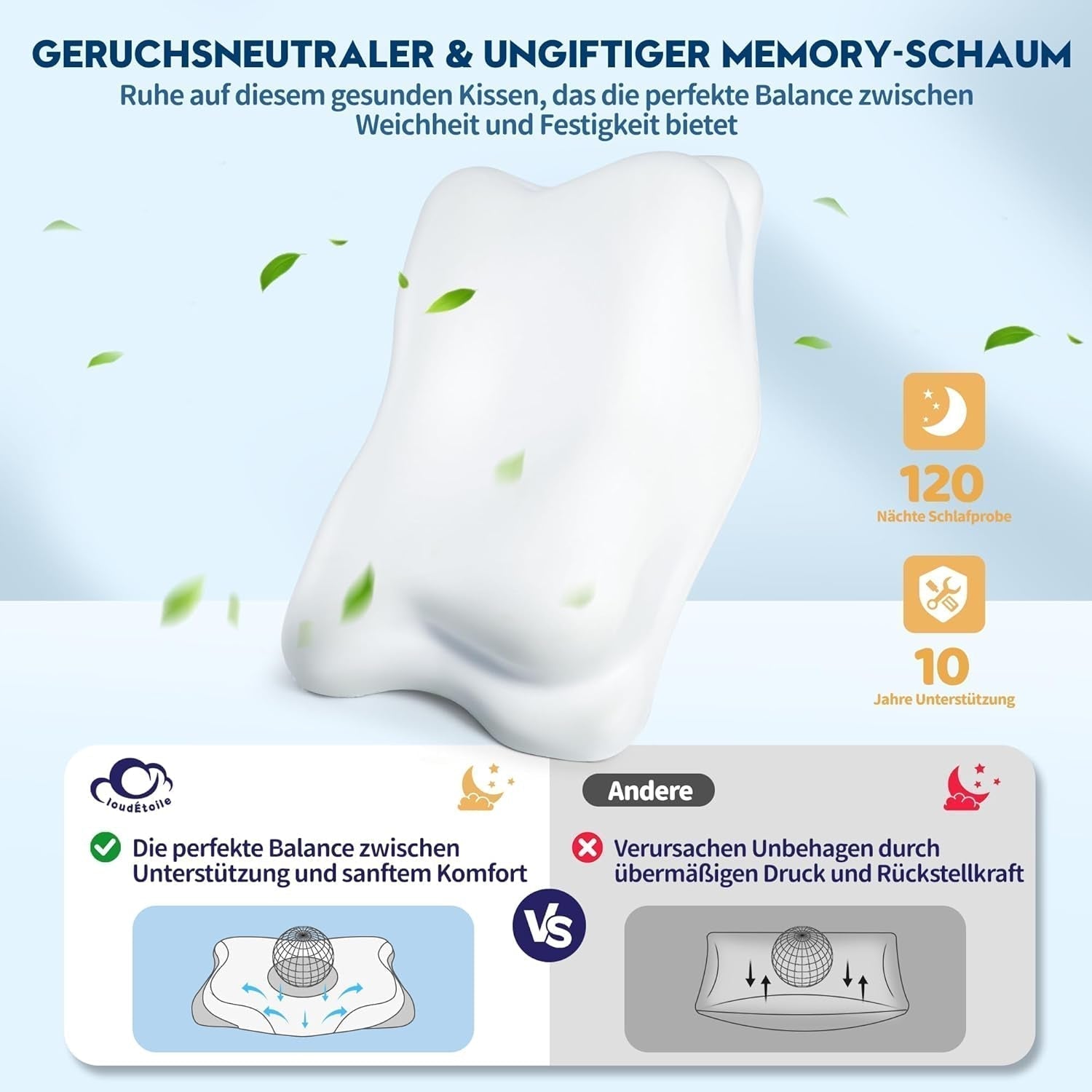 Cloudétoile Nackkudde Memory Foam Kudde - 2 i 1 Ergonomisk ortopedisk kudde Visco Foam Kudde Side Sleeper Nackstöd Kudde Höjd Justerbar Memory Foam Kudde Vit 64X38X12cm Cervikala ortopediska kuddar Naty Shop