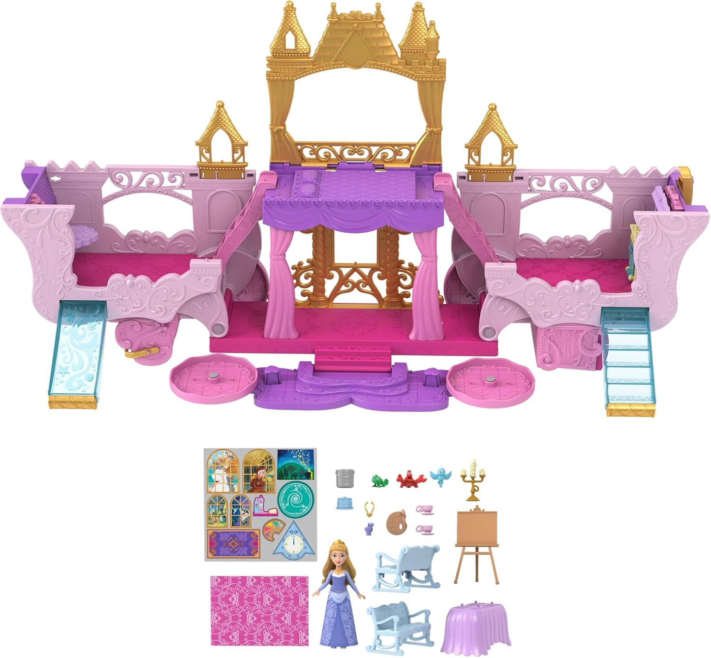 Mattel Disney Princess förvandlar leksetvagn till slott med liten norrskensdocka, 3 nivåer, 6 lekytor, 4 figurer, möbler och tillbehör HWX17 Naty Shop Dolls