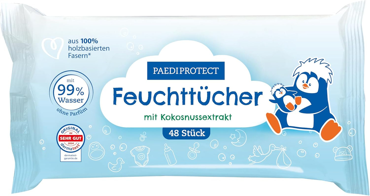 PAEDIPROTECT våtservetter för baby 1 x 10 st Känsliga våtservetter för babyvatten 99 % vattenparfymfri baby & barn ömtålig hud Kokosextrakt Mikroplastfri vegansk (5-pack)