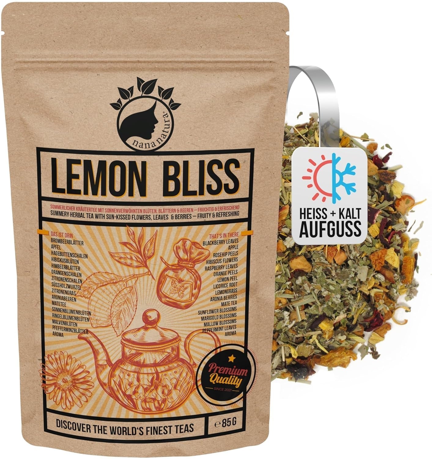 Nananatura'S Original LEMON BLISS TEA 85G | Fruktigt och uppfriskande sommarörte | Som kallt te, iste eller klassiskt varmt | Med blommor, löv och solmogna bär | Inget socker