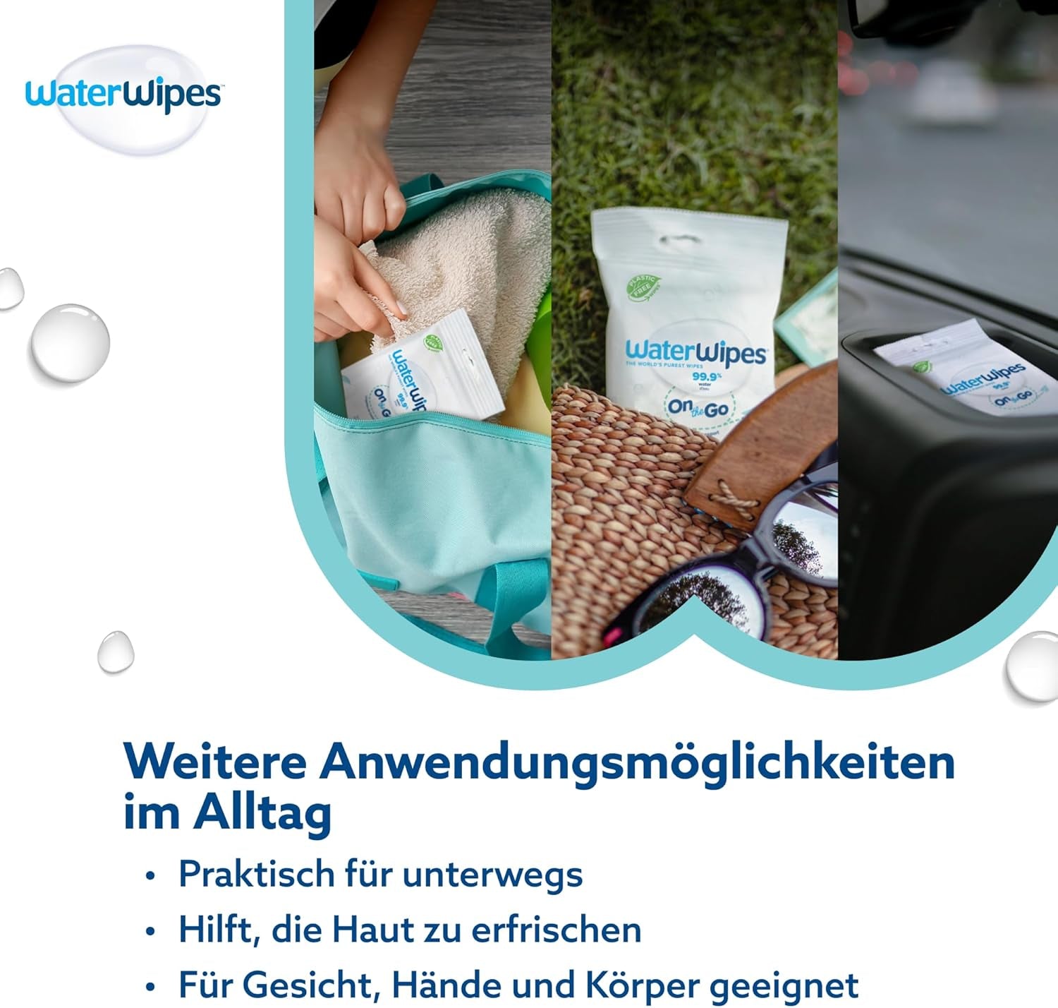 WaterWipes Sensitive+ On The Go våtservetter, 100 våtservetter (10-pack), 3 i 1 rengöringar, vårdar, skyddar, 99,9 % vatten, parfymfria våtservetter