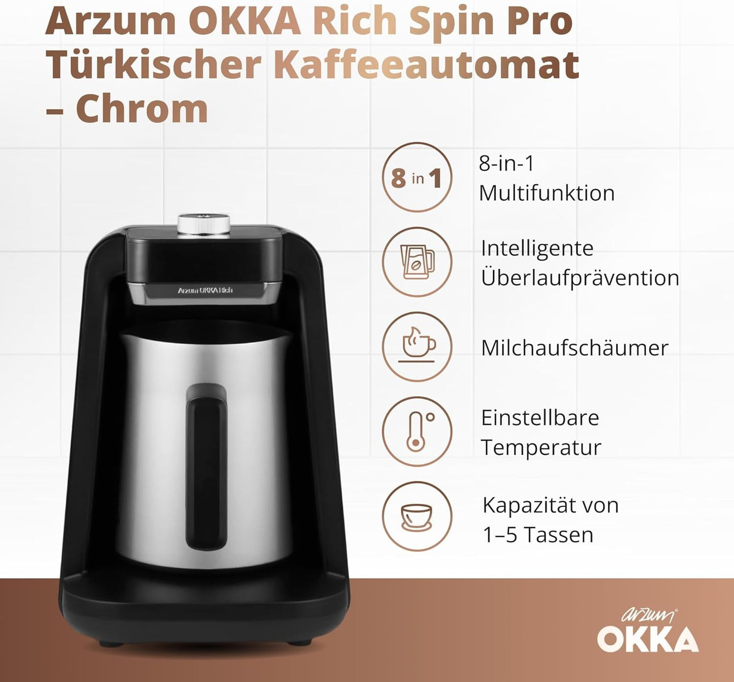 TURKISK KAFFEMASKIN Arzum OKKA RICH SPIN PRO (krom)